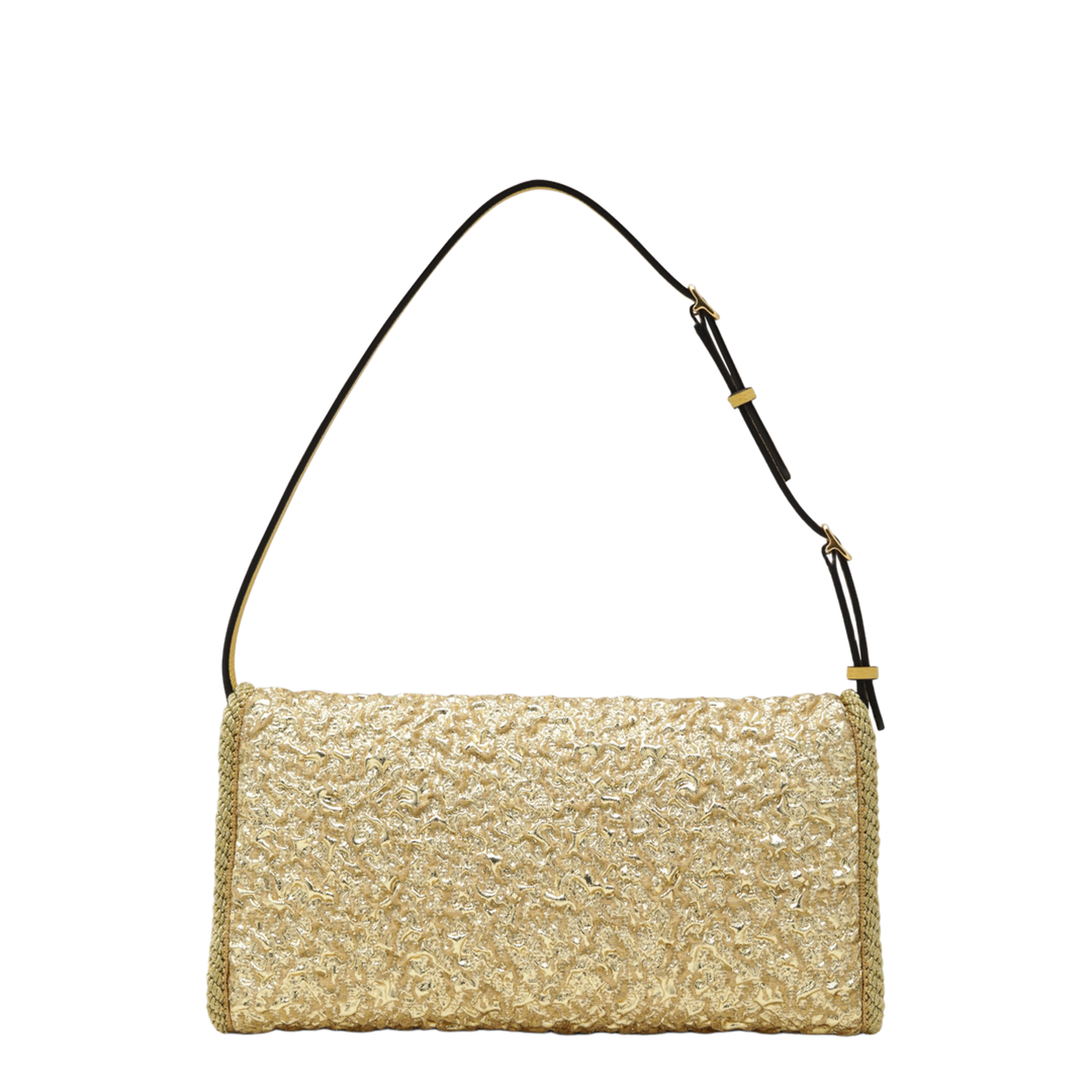 Leather-Trimmed Cloqué Small Shoulder Bag - Gold