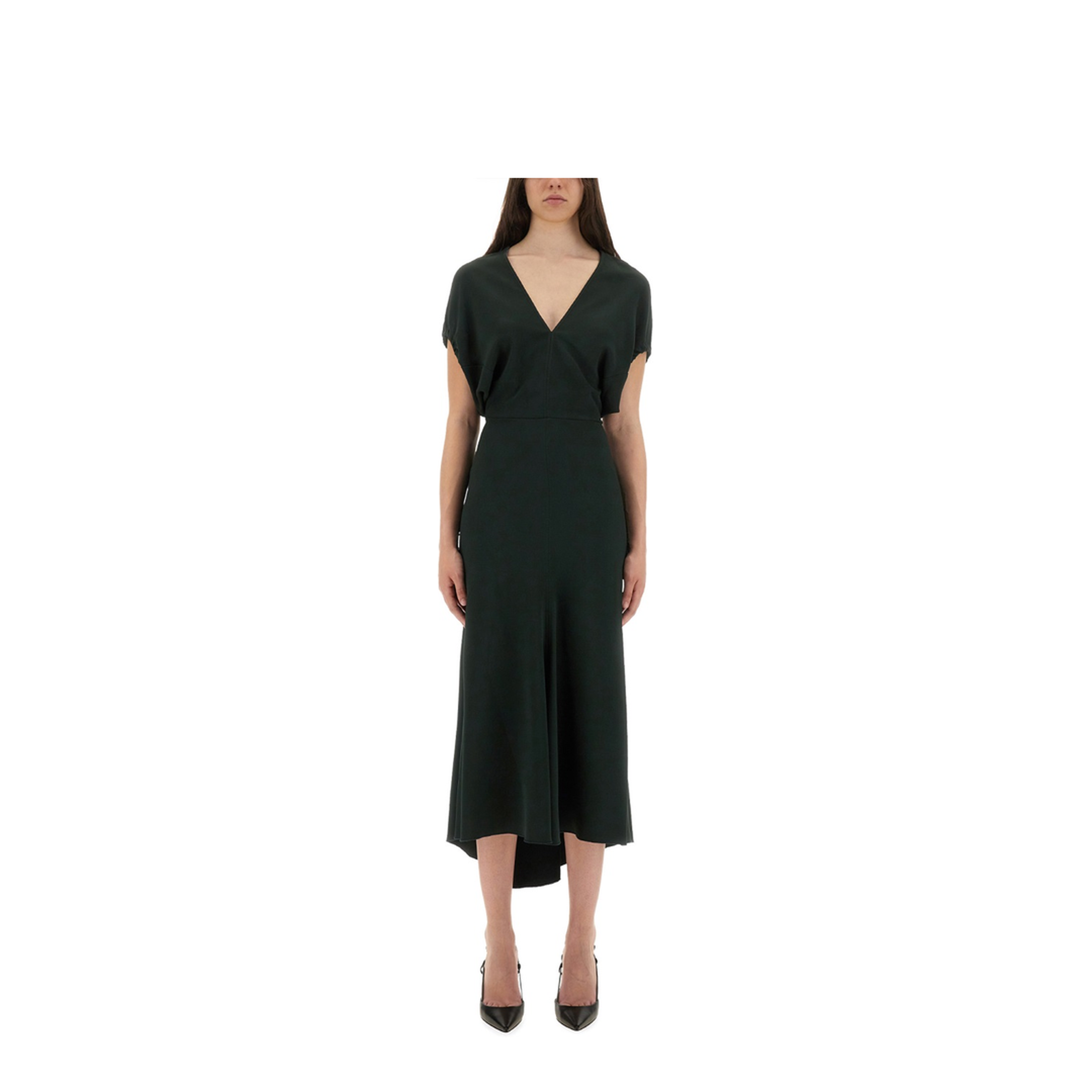 V-Neck Blouson Midi Dress in Black