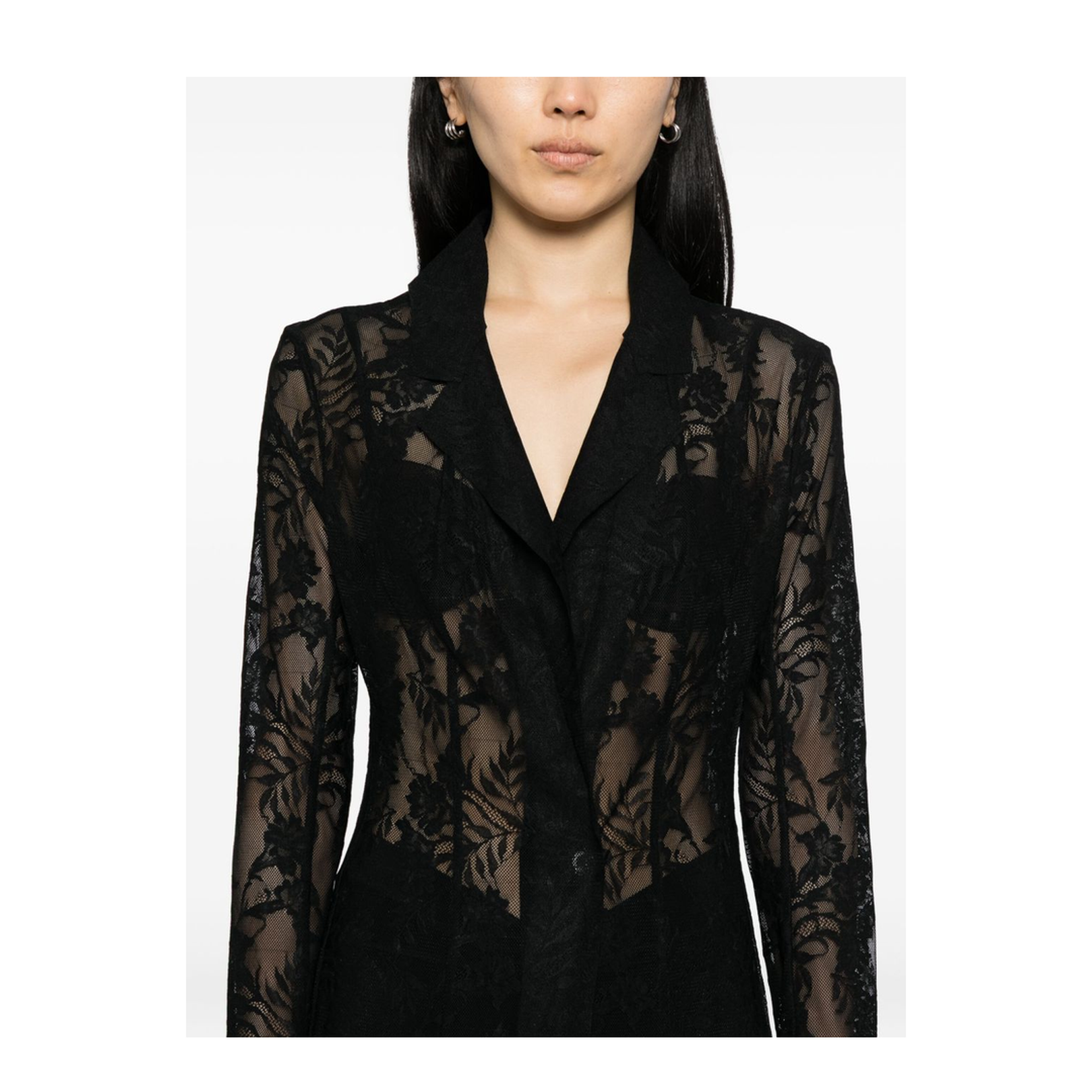 Black Open Front Floral-Lace Detailing Long Coat