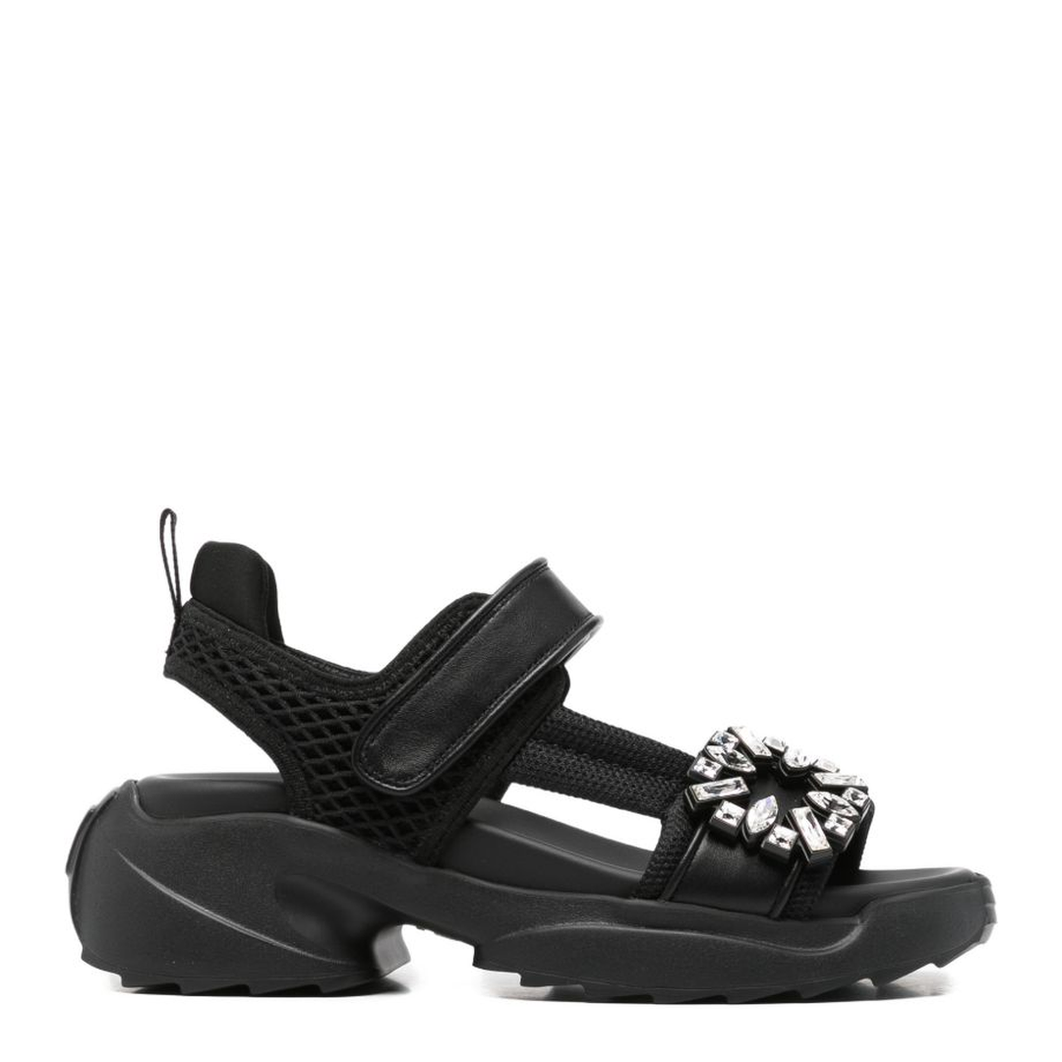 On The Run Black Leather And Textile Sandals