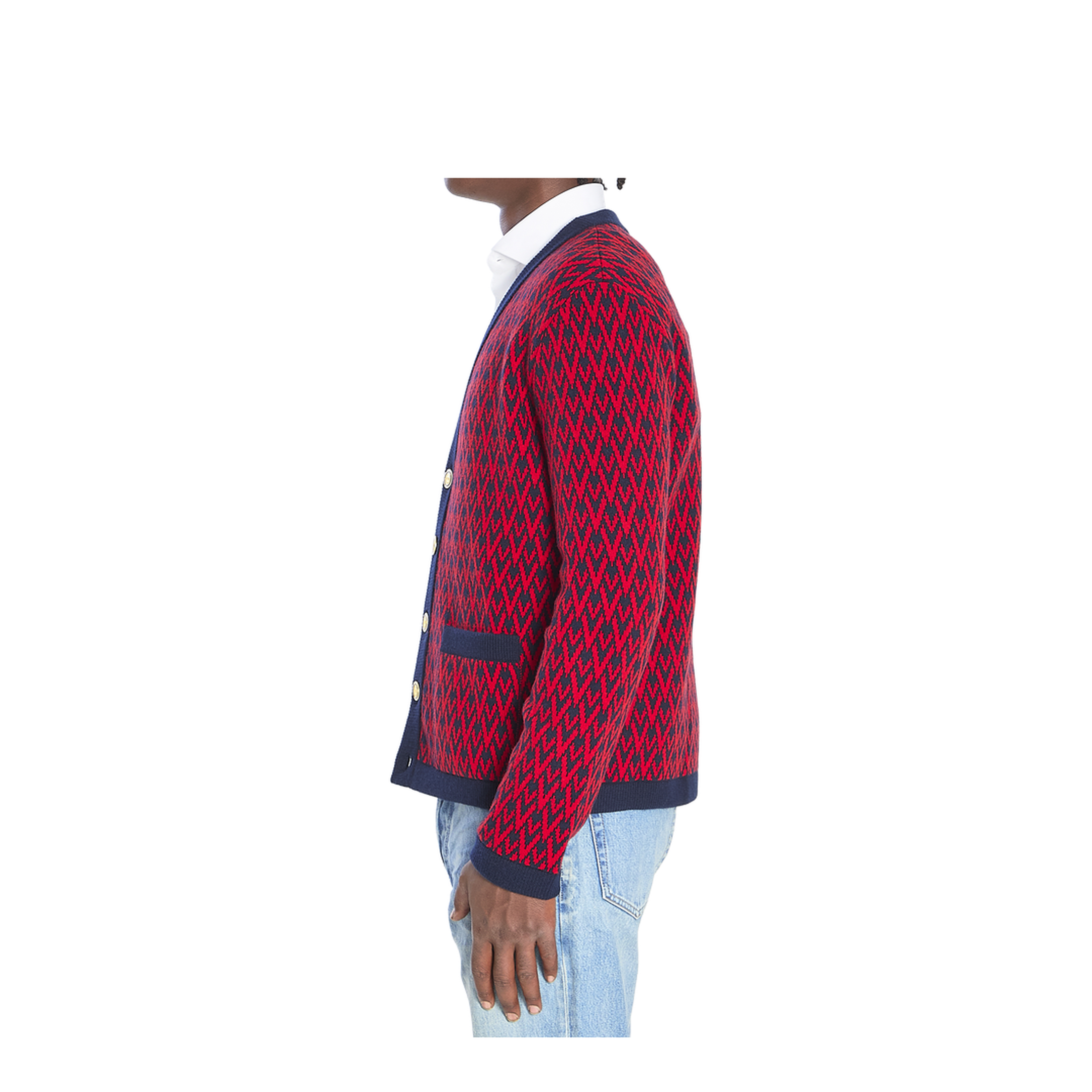 Navy and Red Wool V-Pattern Cardigan