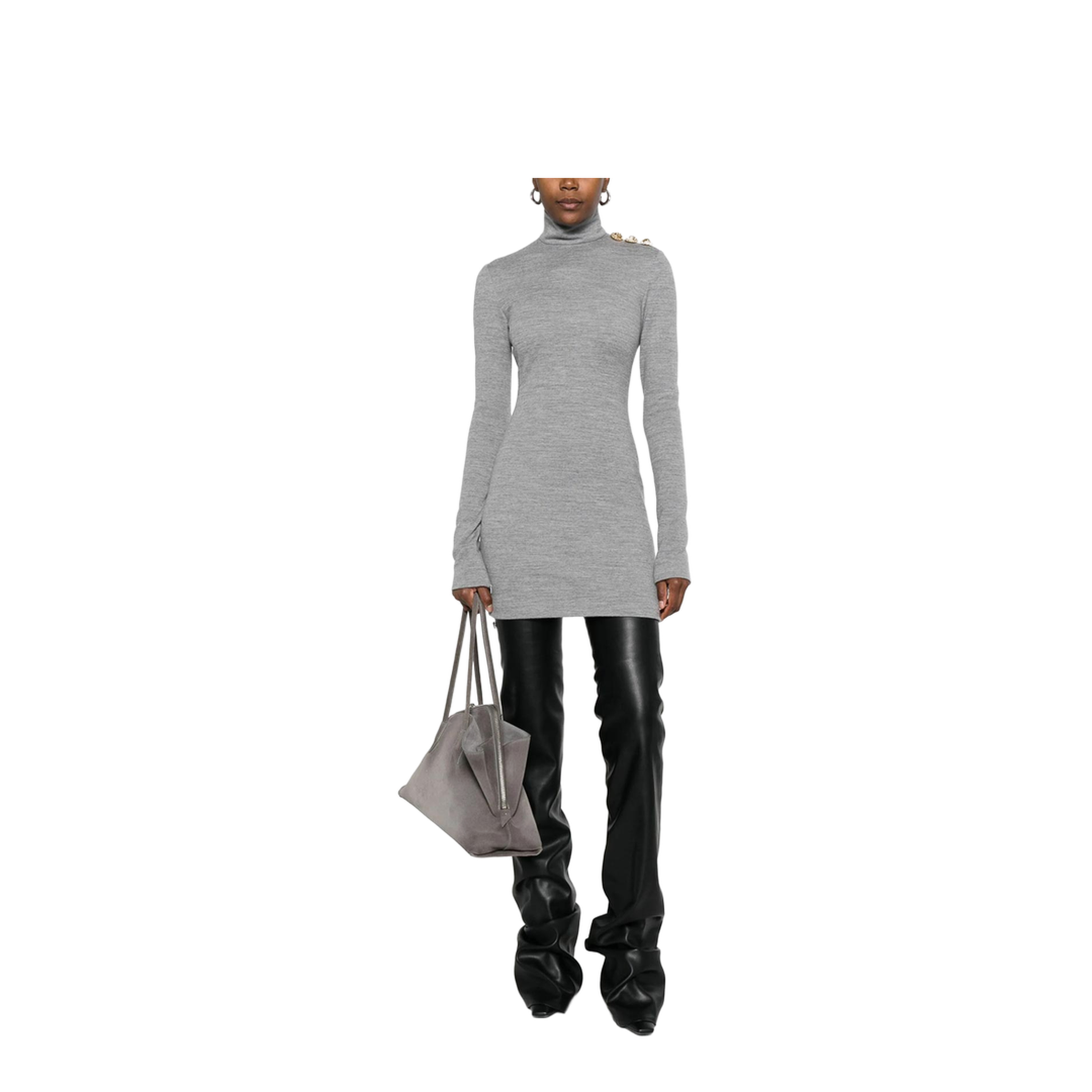 High-Neck Button Dress Grey