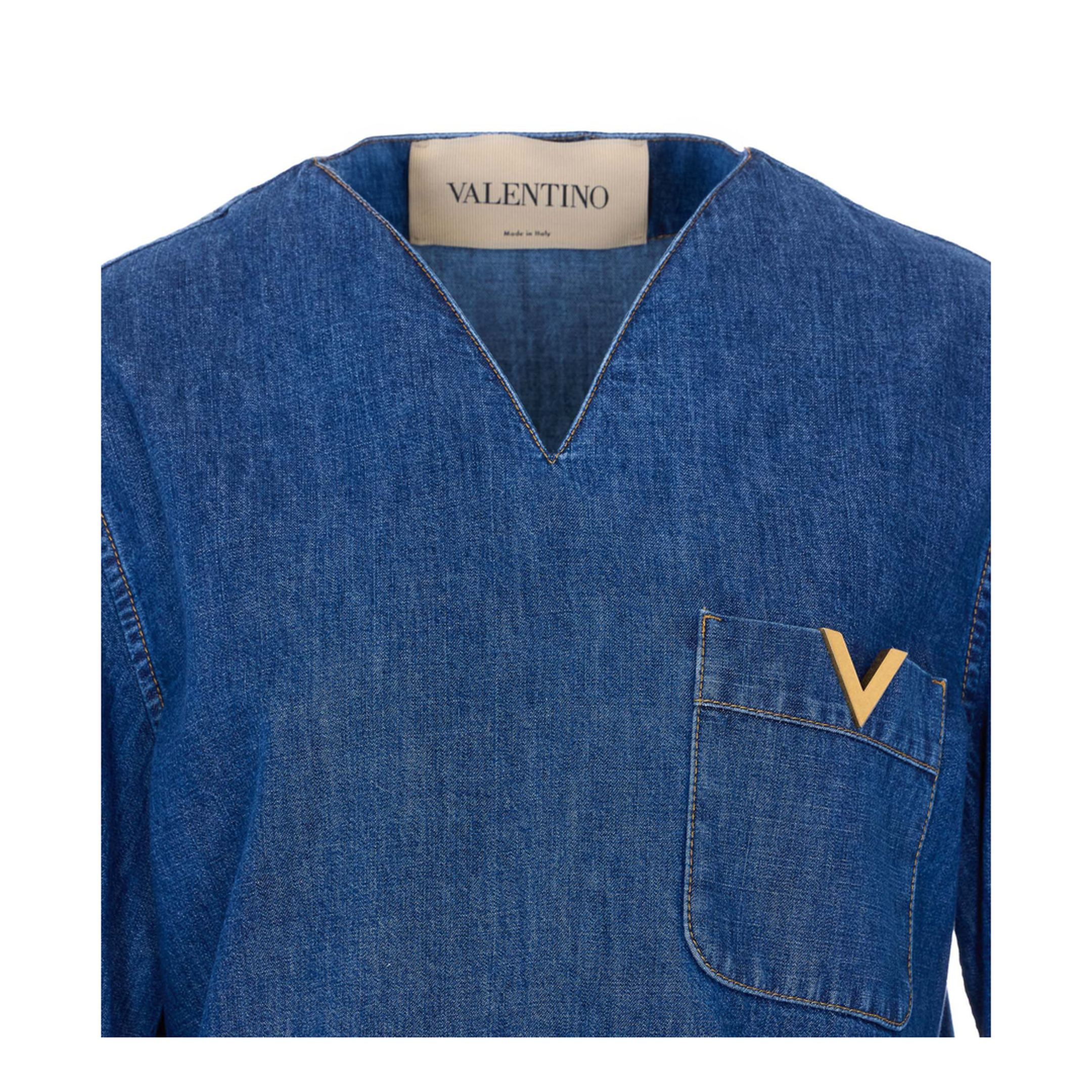 V-Neck Pocket Denim Shirt Blue