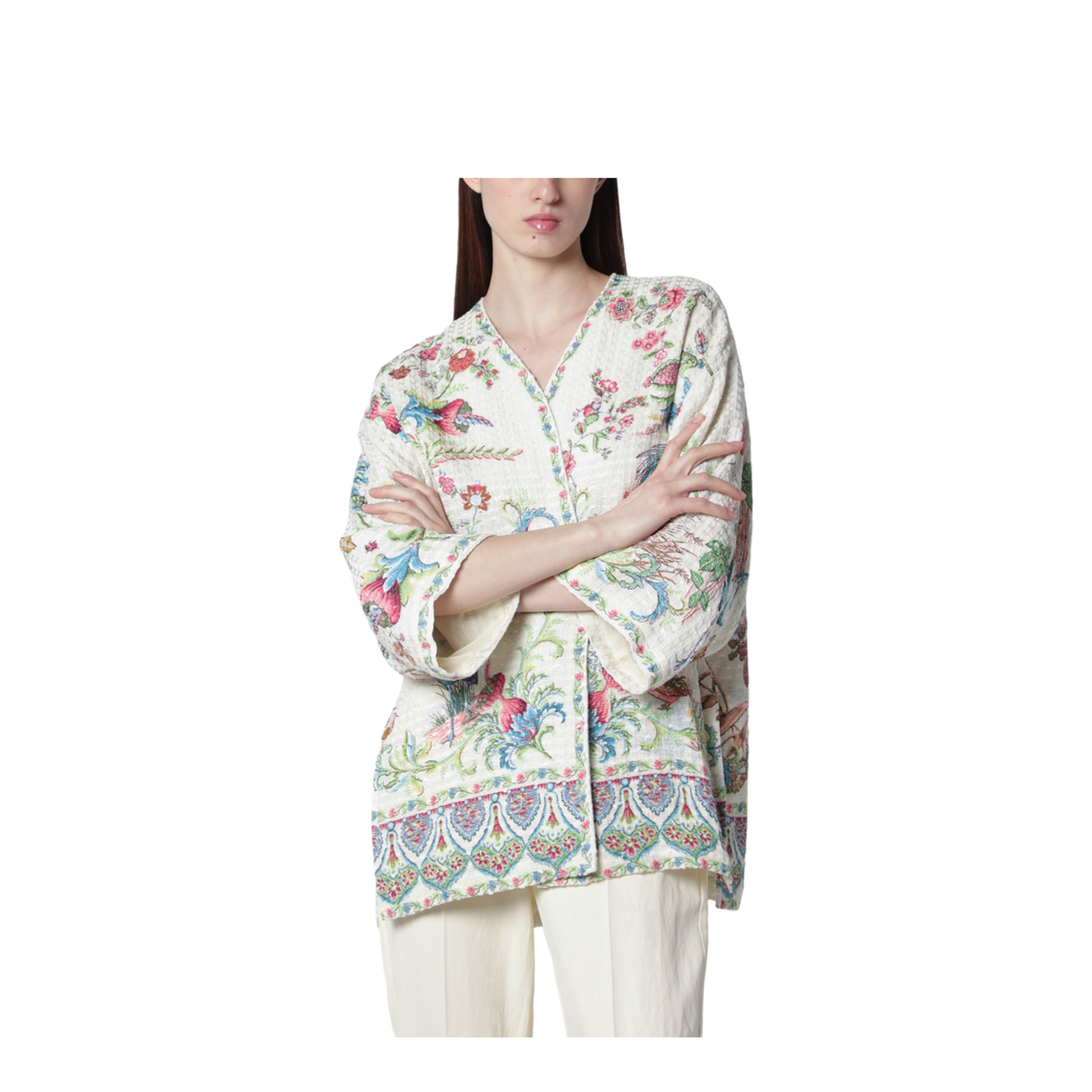 Cotton-Blend Basketweave Kesa with Flora and Fauna Motif