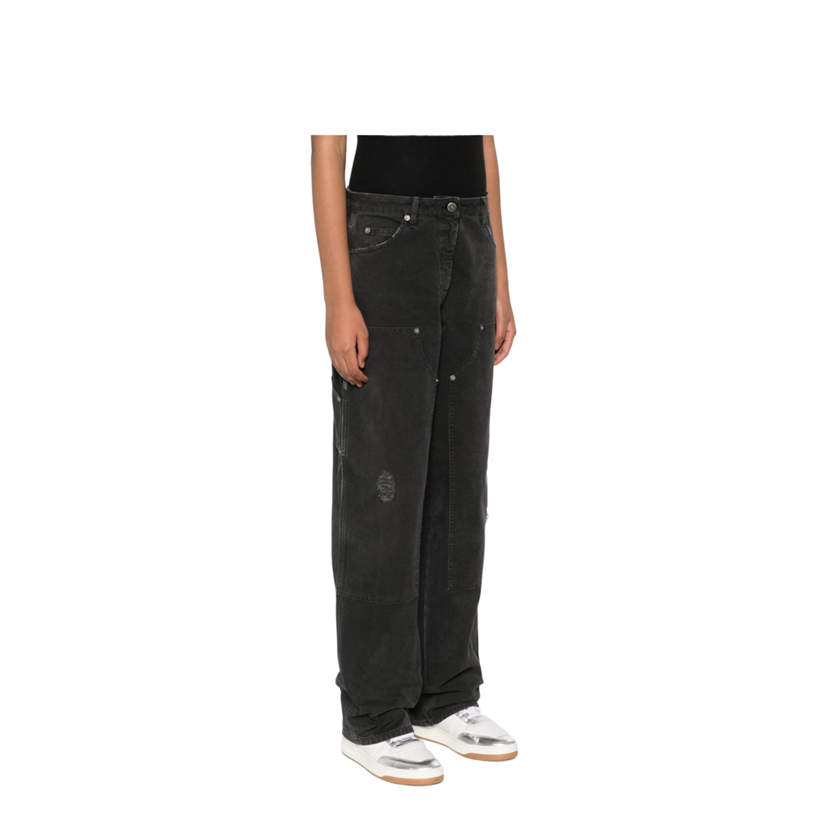Distressed Black Cotton Jeans with Front Patches