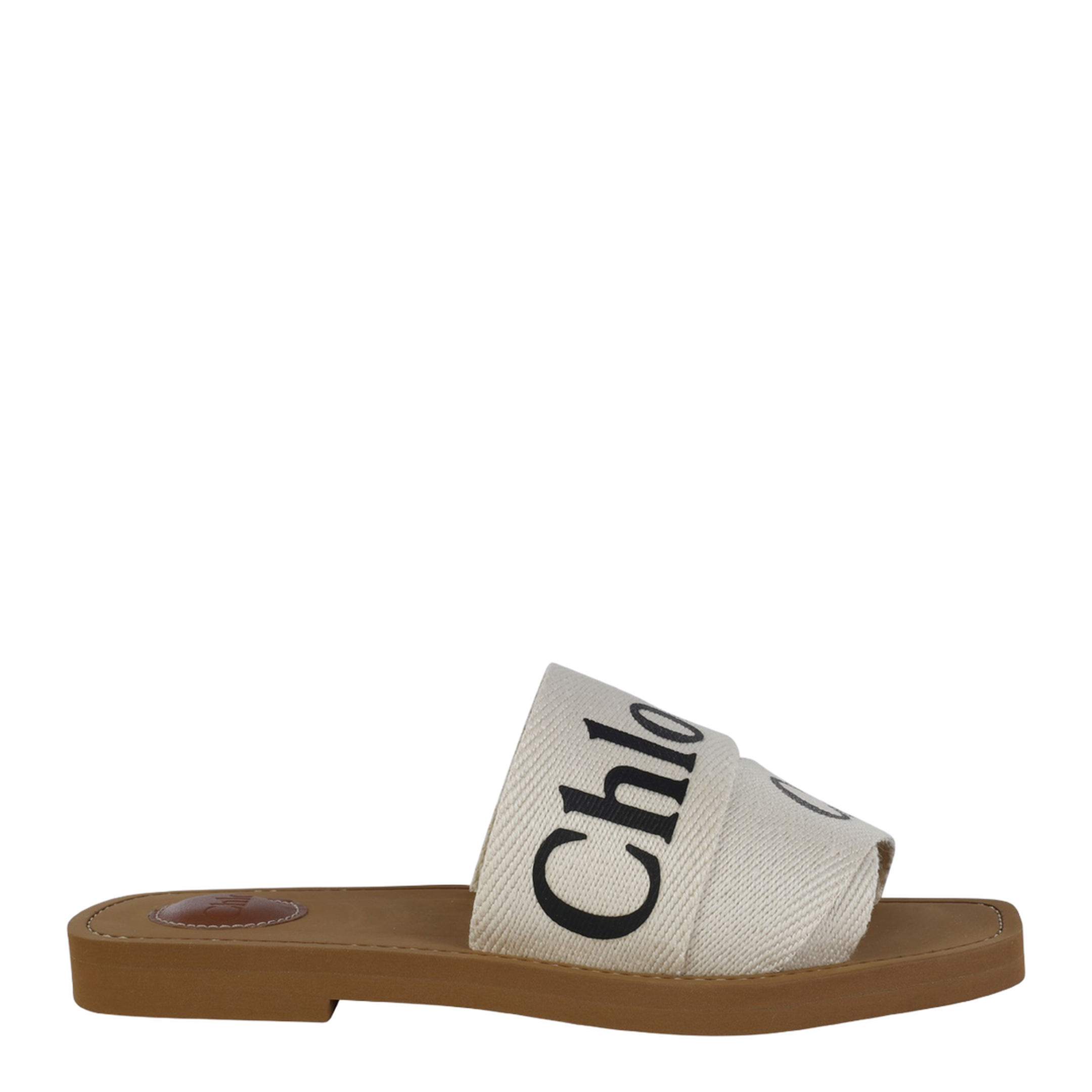 White Linen All-Over Logo Print Low Stacked Heel