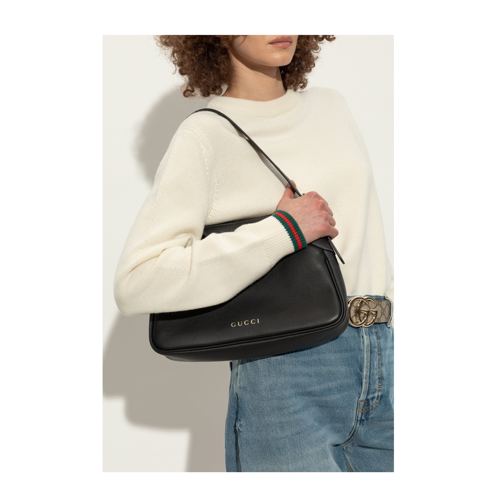 GG Emblem Leather Bucket Bag - Black