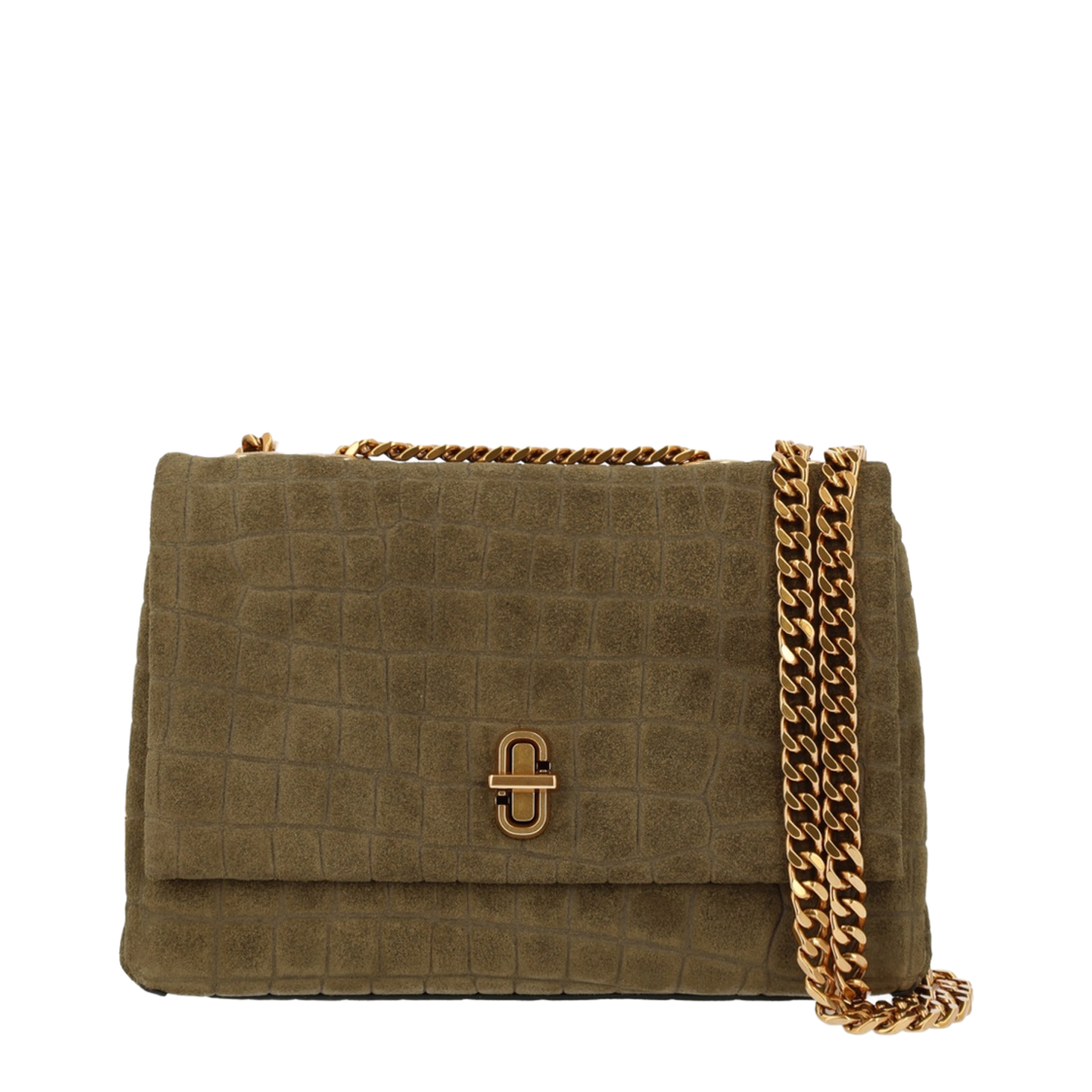 Slim Croc Suede Dual Chain Shoulder Bag - Olive Green
