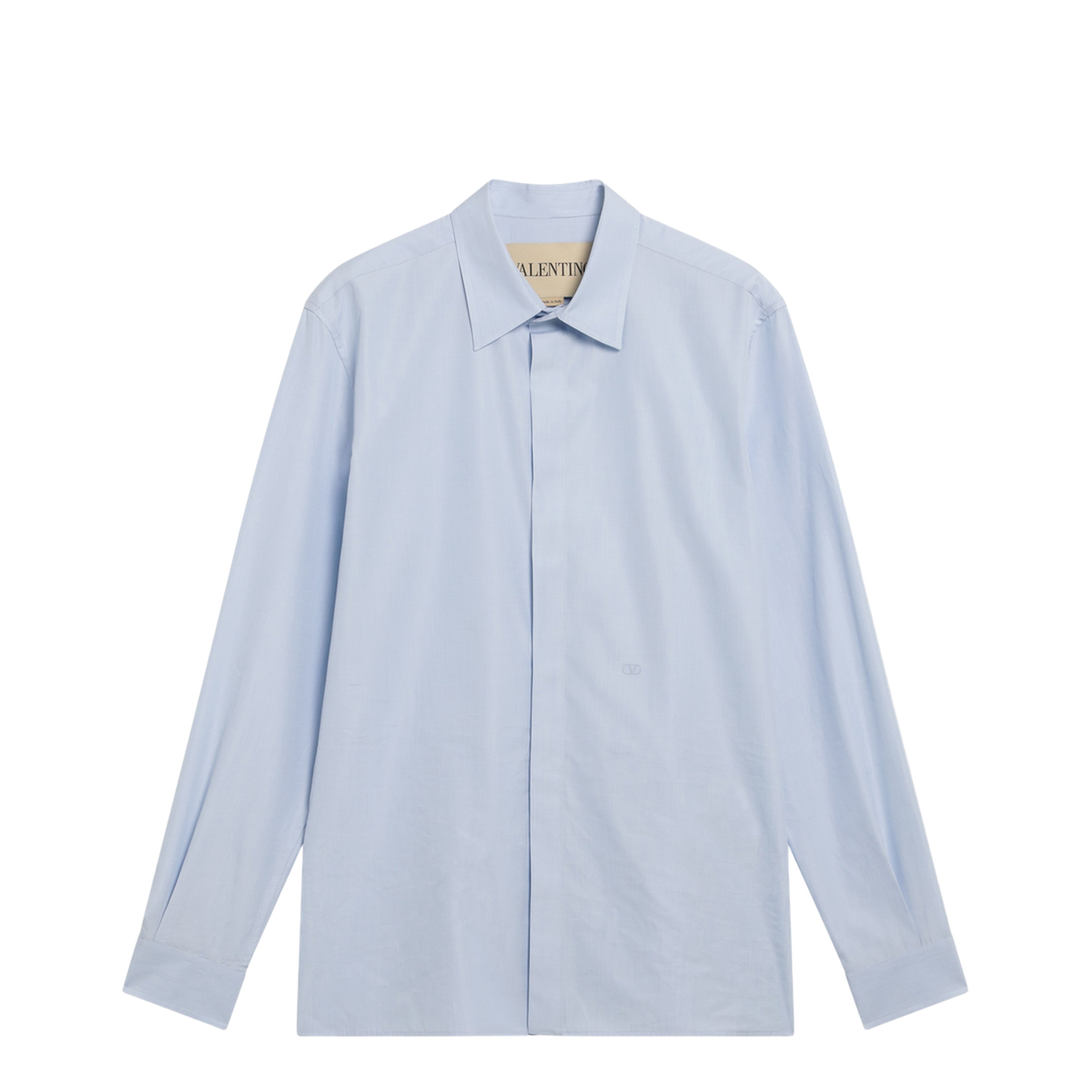 MAYFEYR - Valentino - Light Blue Fil-À-Fil Cotton Shirt With Vlogo Embroidery - 8V0ABN83BH4059