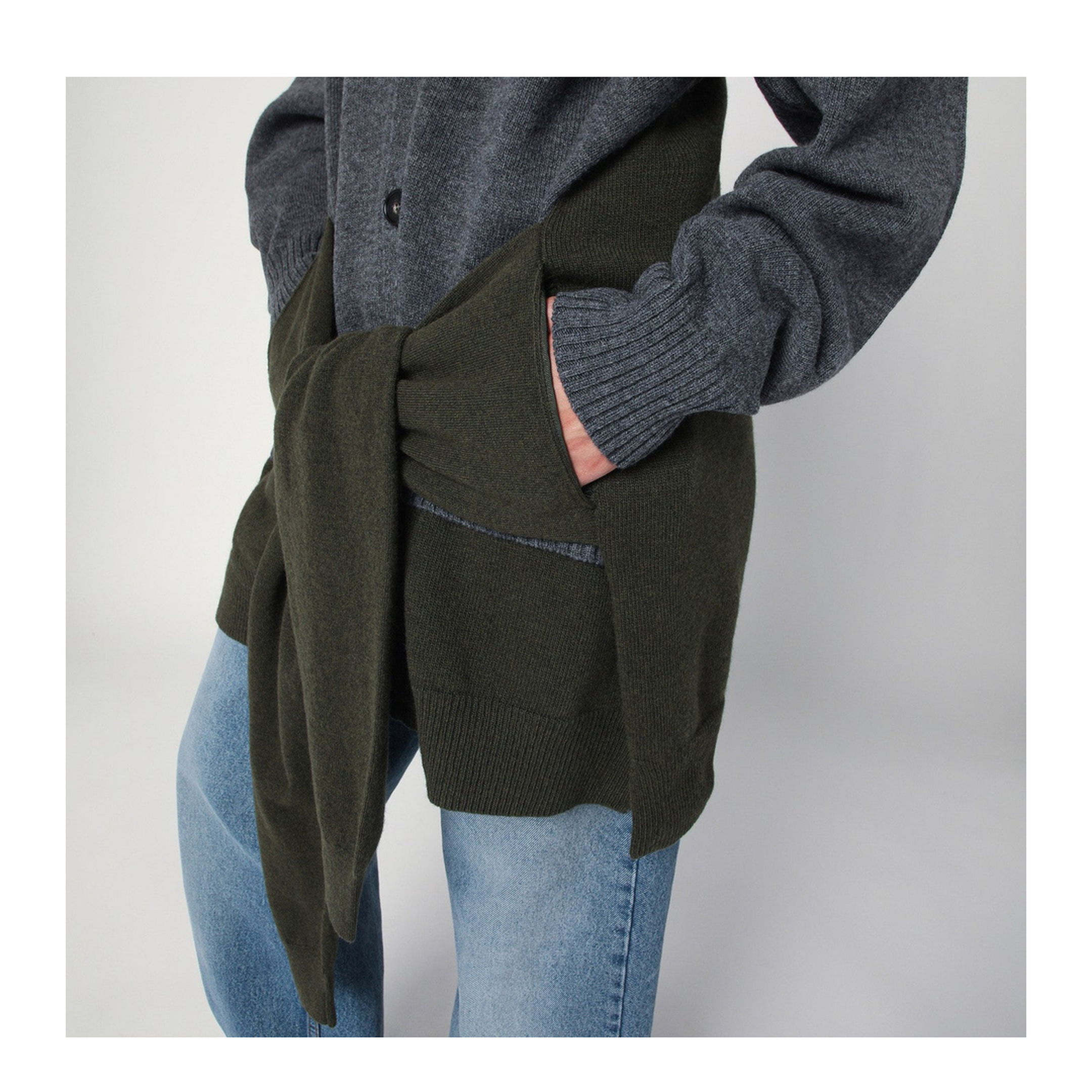 Grey Dark Green Cardigan with Crossed Sleeves