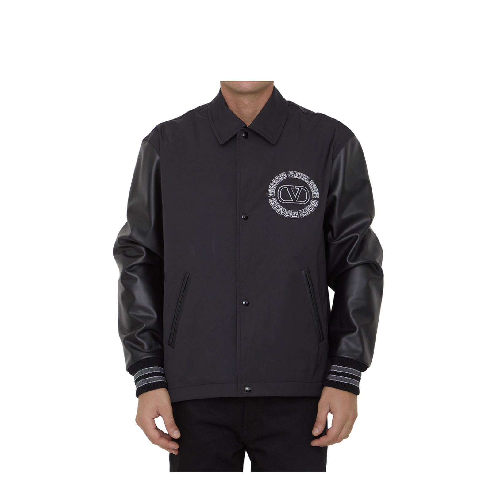 Black Leather Sleeves Nylon Bomber