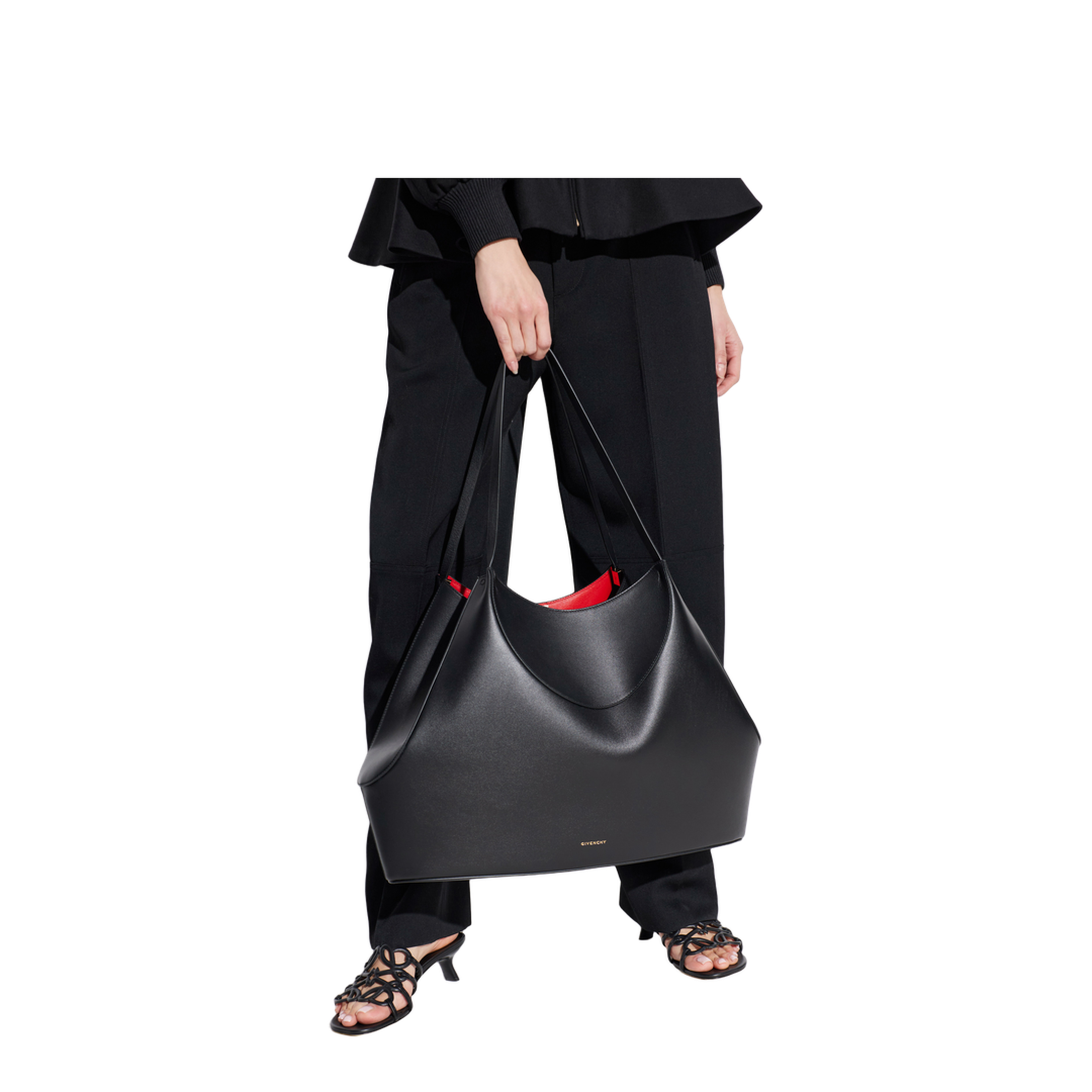 Leather Medium Facet Tote Bag - Black