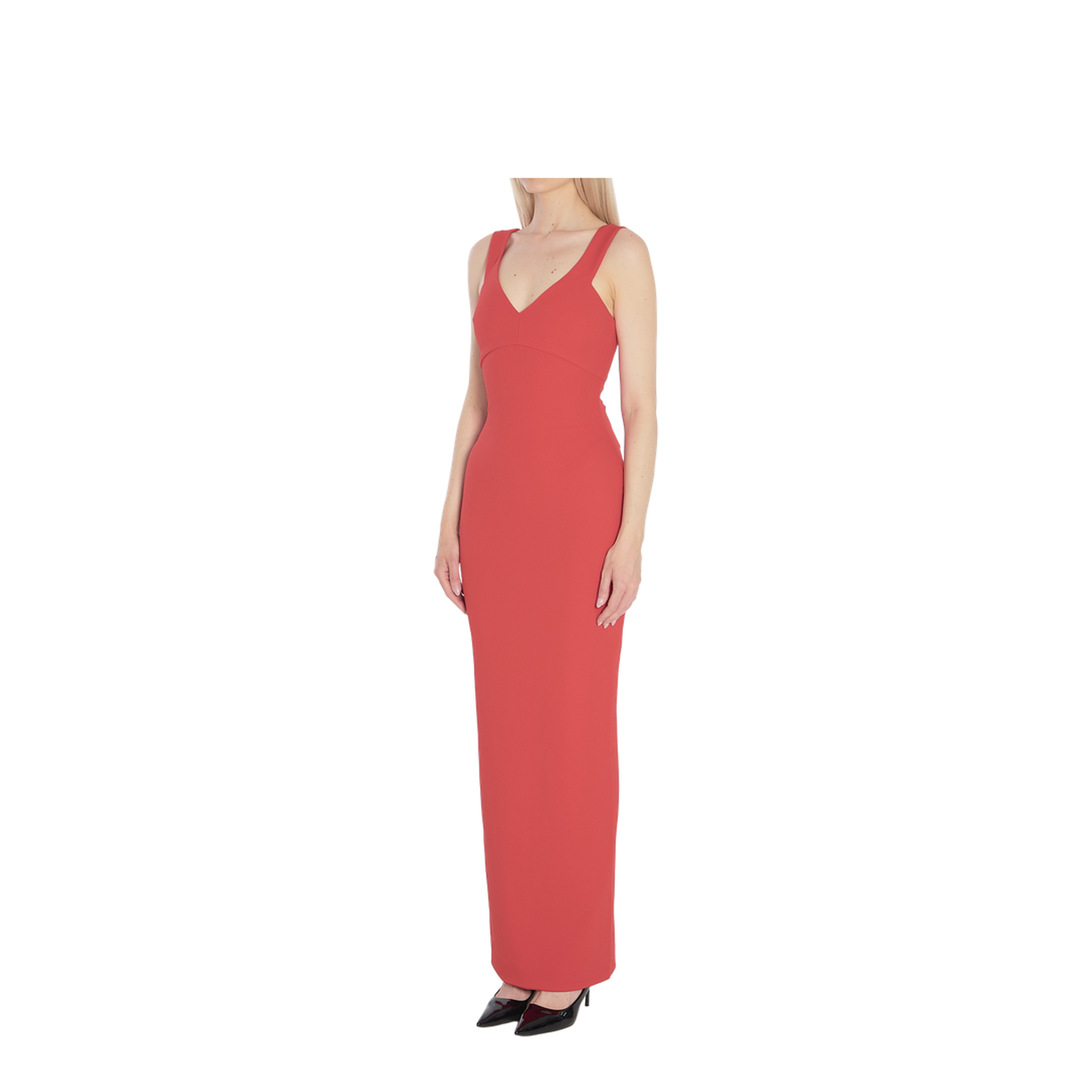 Red Sleeveless Design V-Neckline Fitted Bodice Maxi Length Straight Skirt