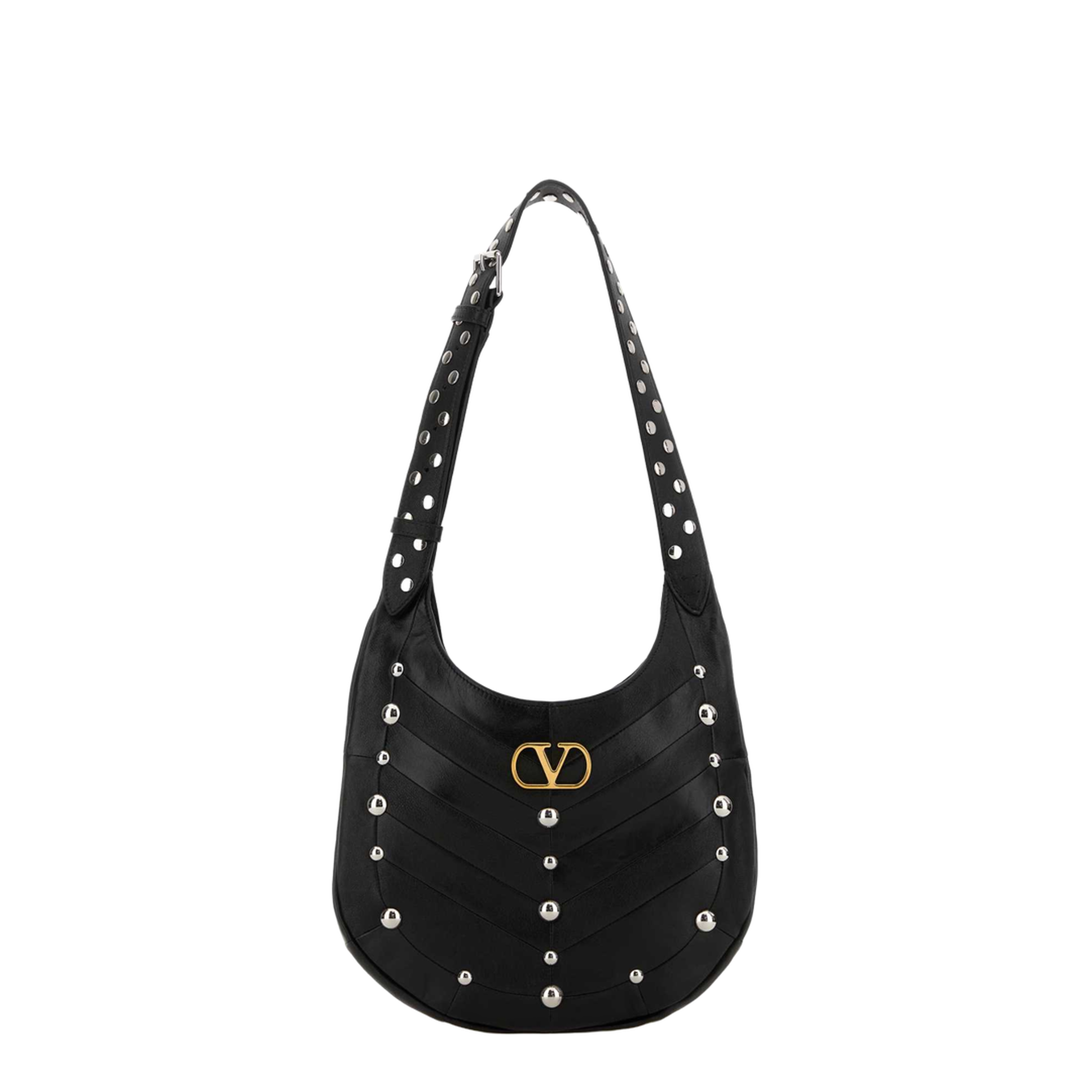 Hoboho Nappa Leather Hobo Bag With Chevron Pattern And Studs Black