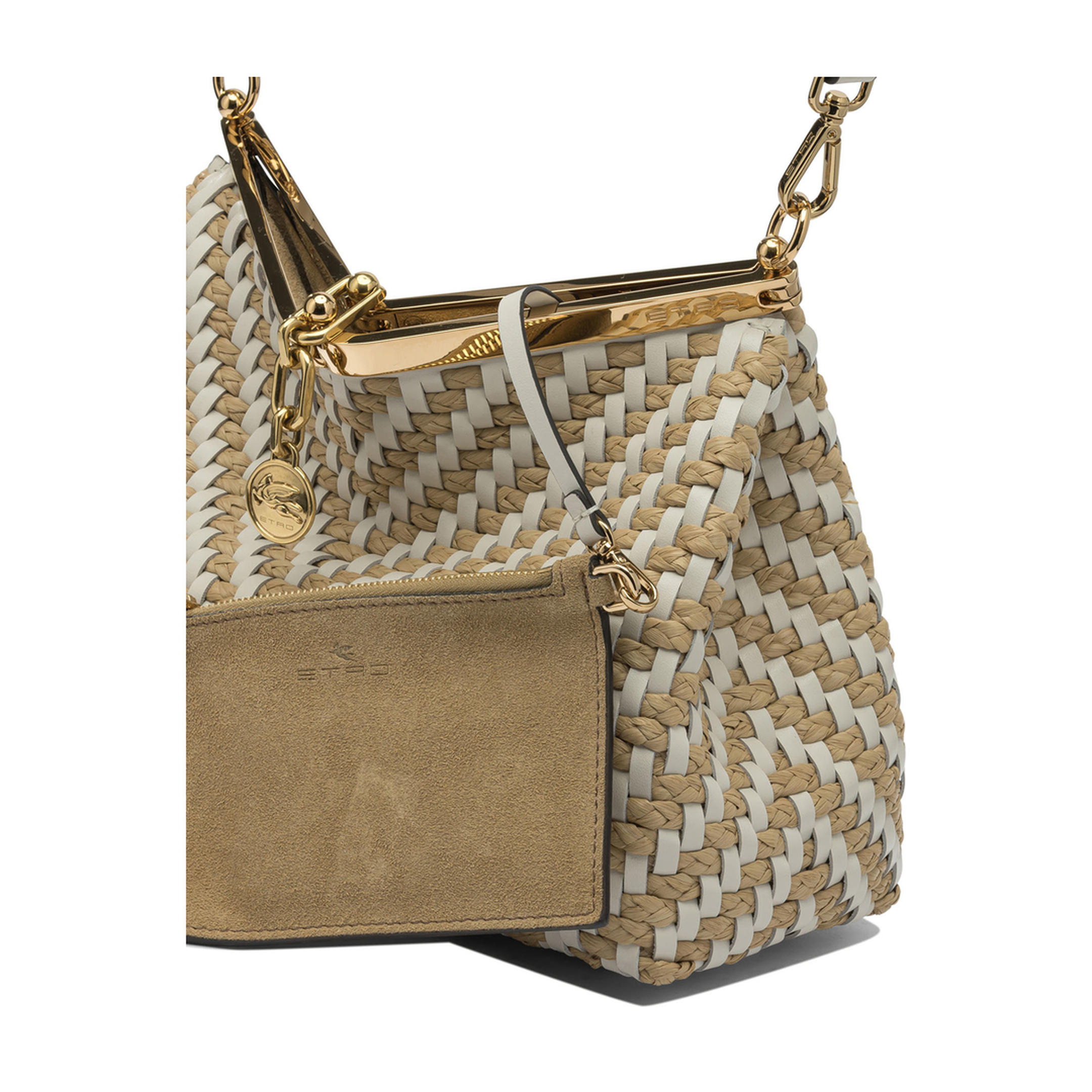 Vela Medium Woven Leather and Raffia Shoulder Bag - White