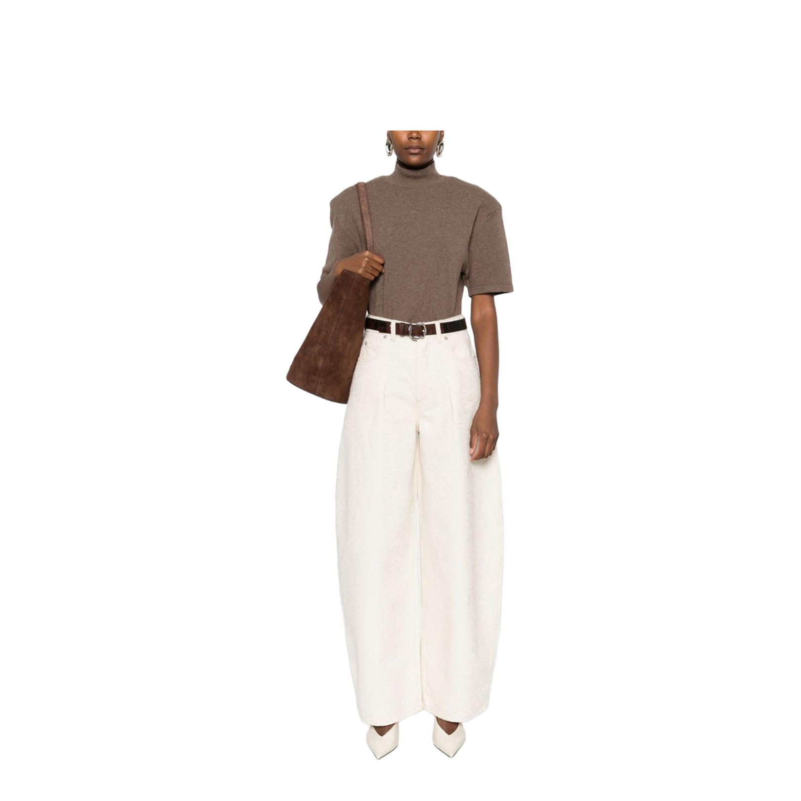 Off-White Pleated Front High Waist Tapered Loose Leg Pants