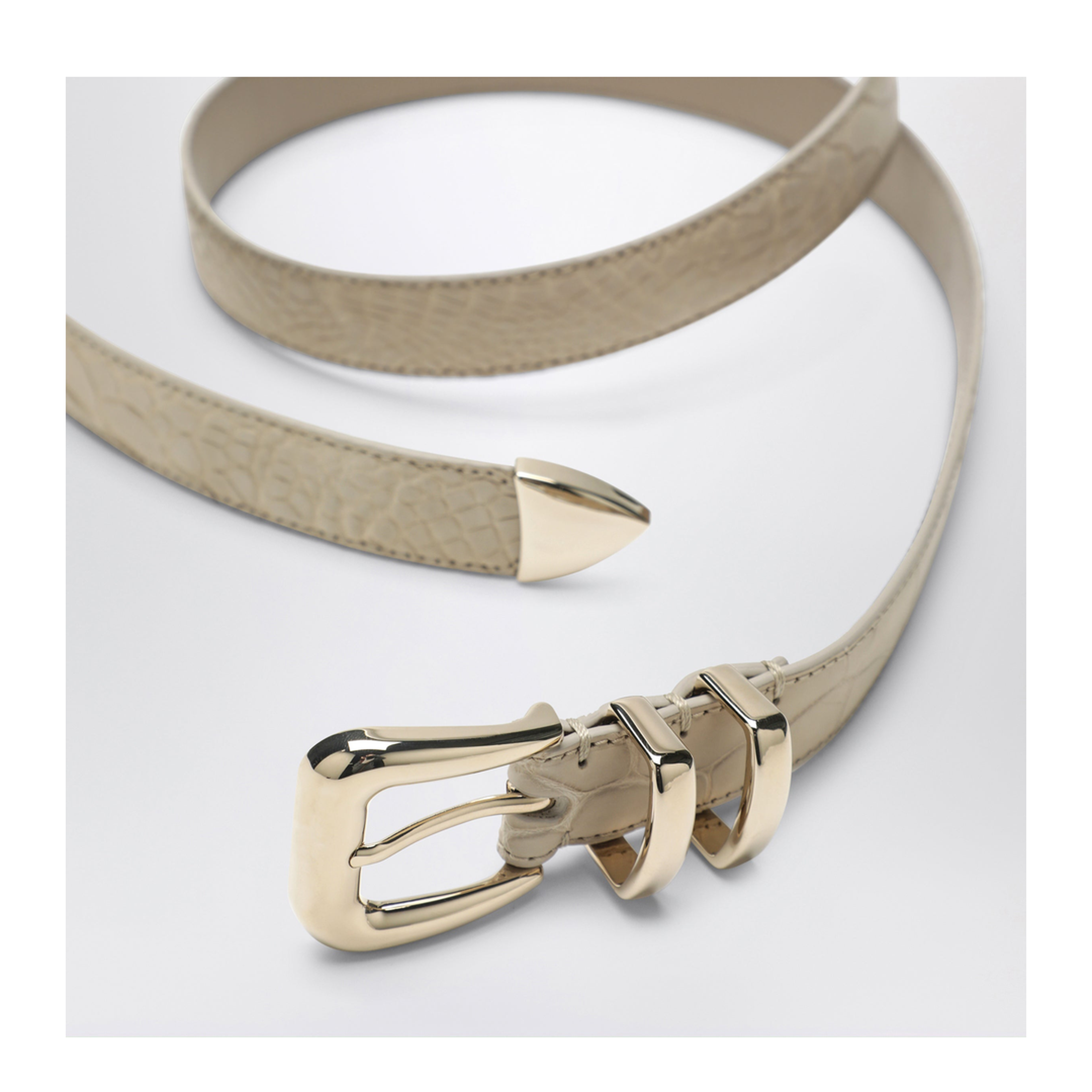 Beige Alligator Leather Belt With Silver Buckle