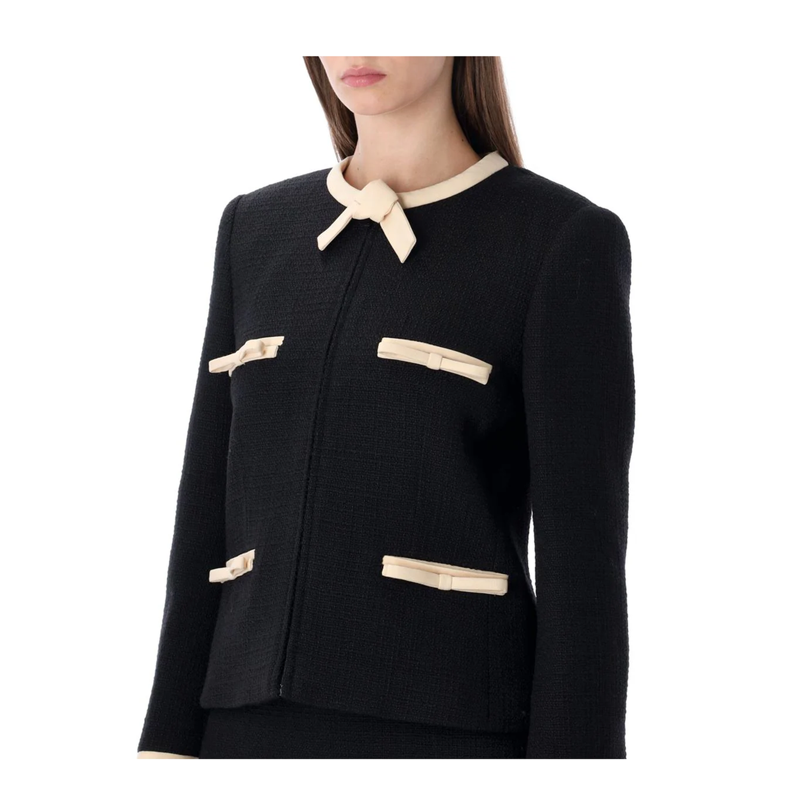 Short Wool Tweed Jacket With Bows