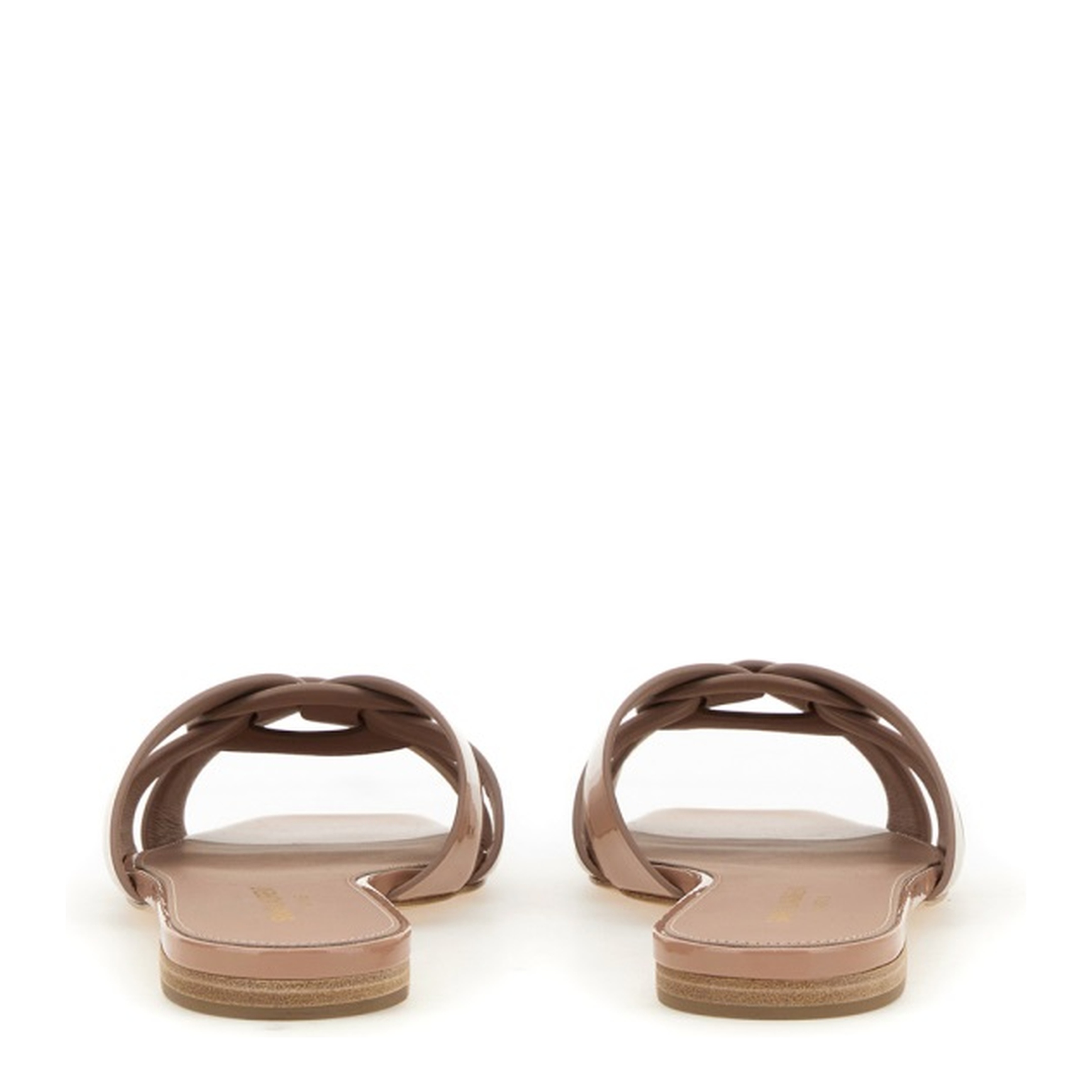 Powder Pink Leather Patent Finish Square Open Toe Multi-Way Strap Design Flat Sole Slip-On Style