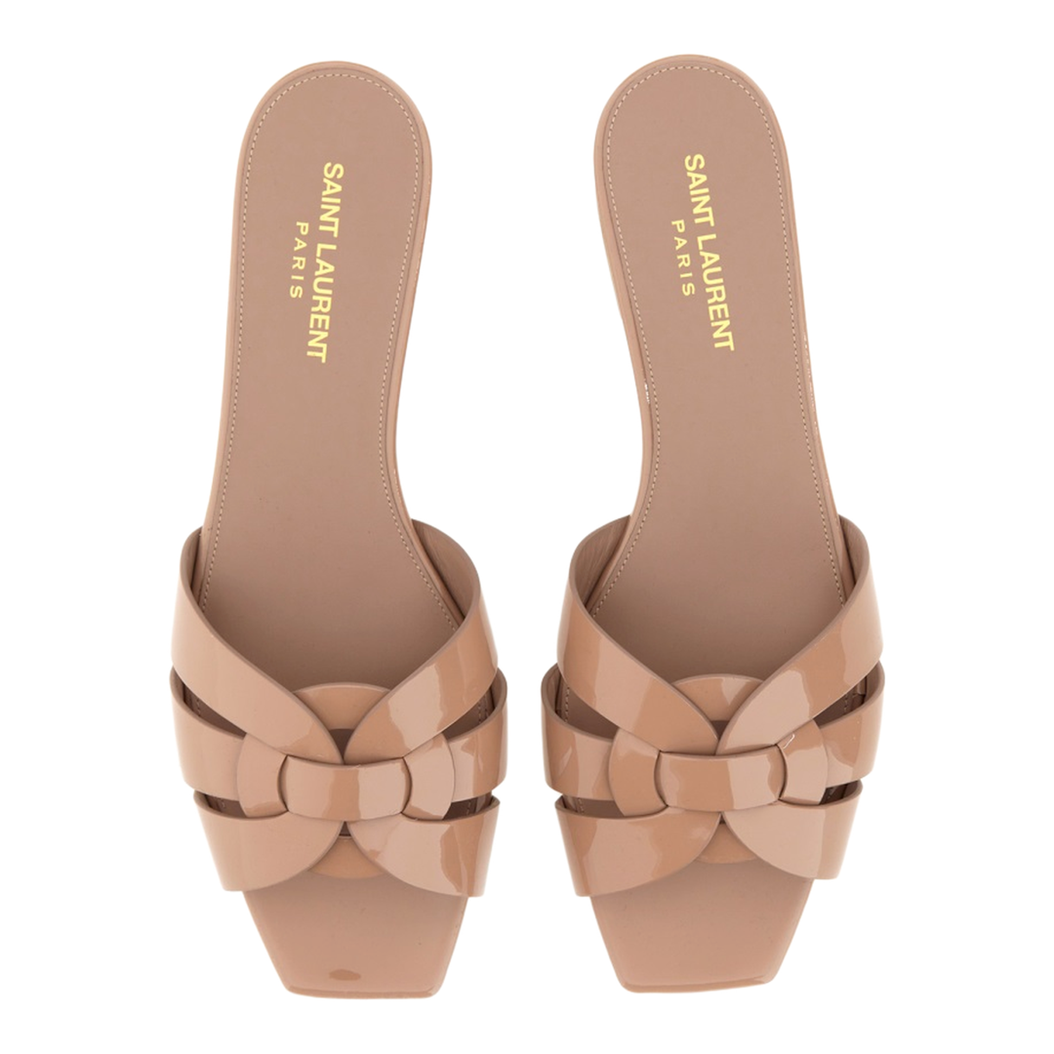 Powder Pink Leather Patent Finish Square Open Toe Multi-Way Strap Design Flat Sole Slip-On Style