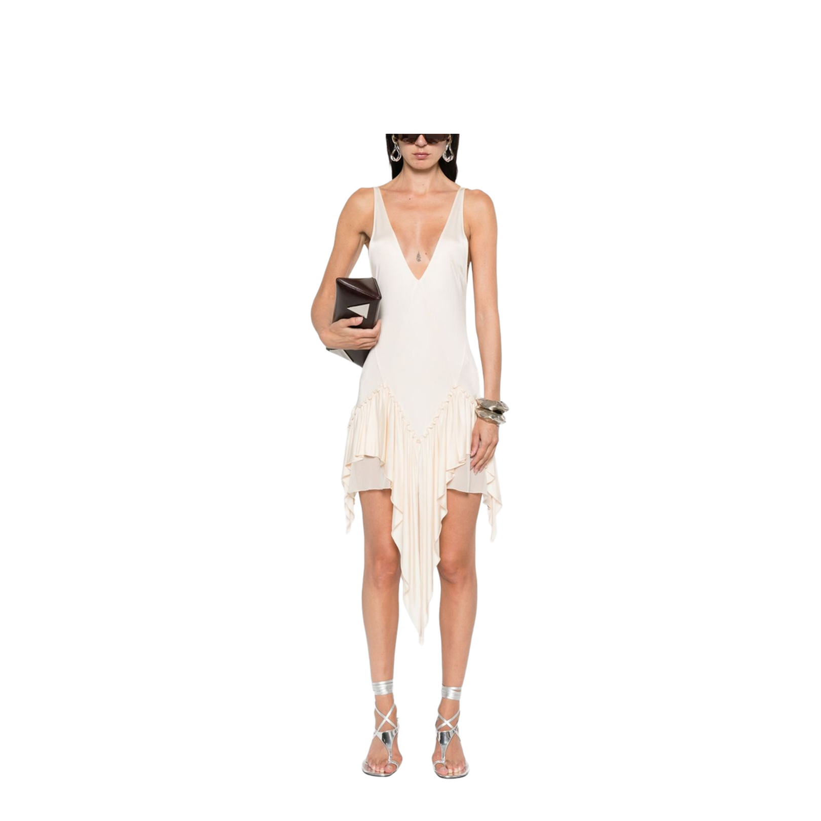 Ivory Ruffled Hem Asymmetric Cut Sleeveless V-Neck Top