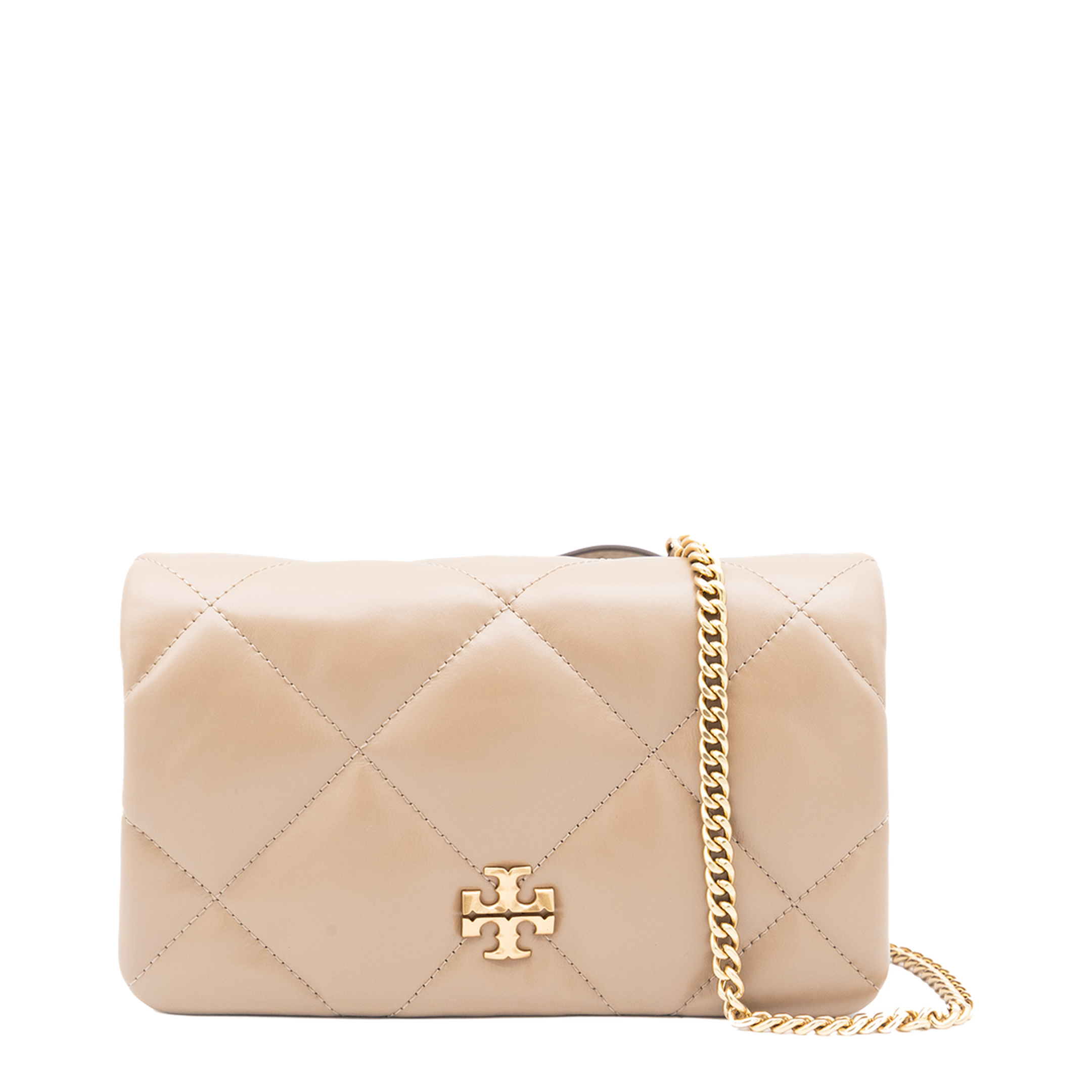 Kira Diamond Quilt Clover Medium Leather Chain Wallet - Light Stone