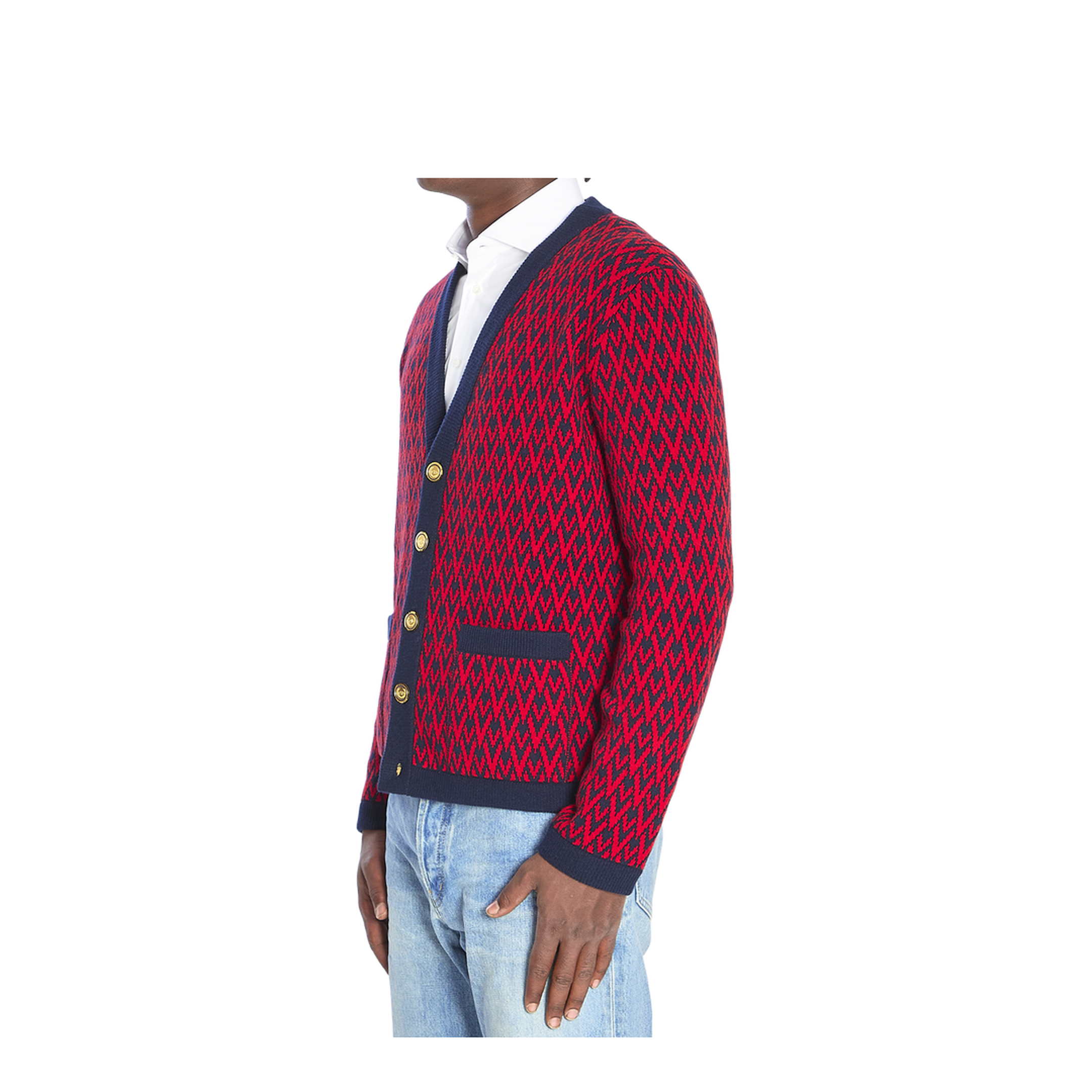 Navy and Red Wool V-Pattern Cardigan