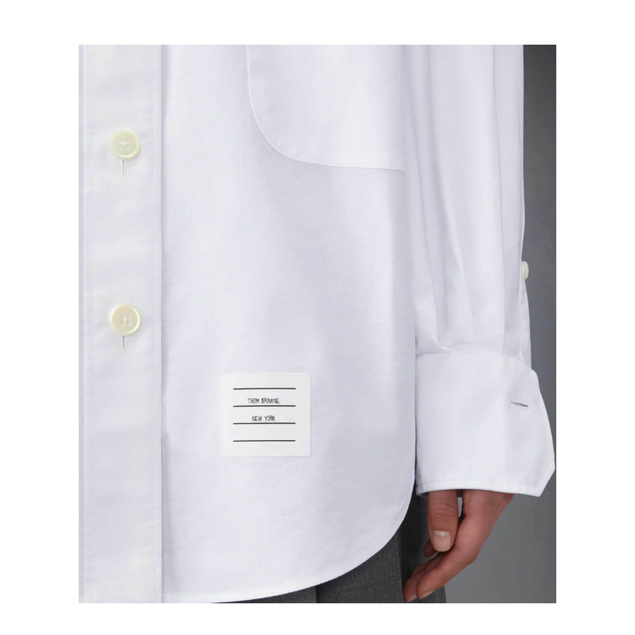 MAYFEYR - Thom Browne - Supersized Point Collar Shirt With Rwb Grosgrain Armbands In Oxford - FLL079EF0313100