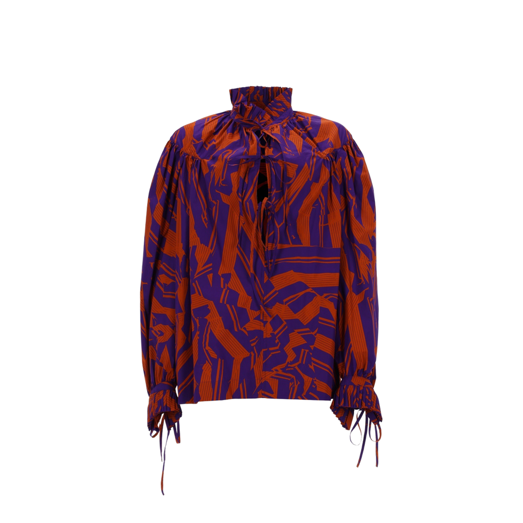 Loose Shirt with Ruffle Details and Crushed Stripe Print
