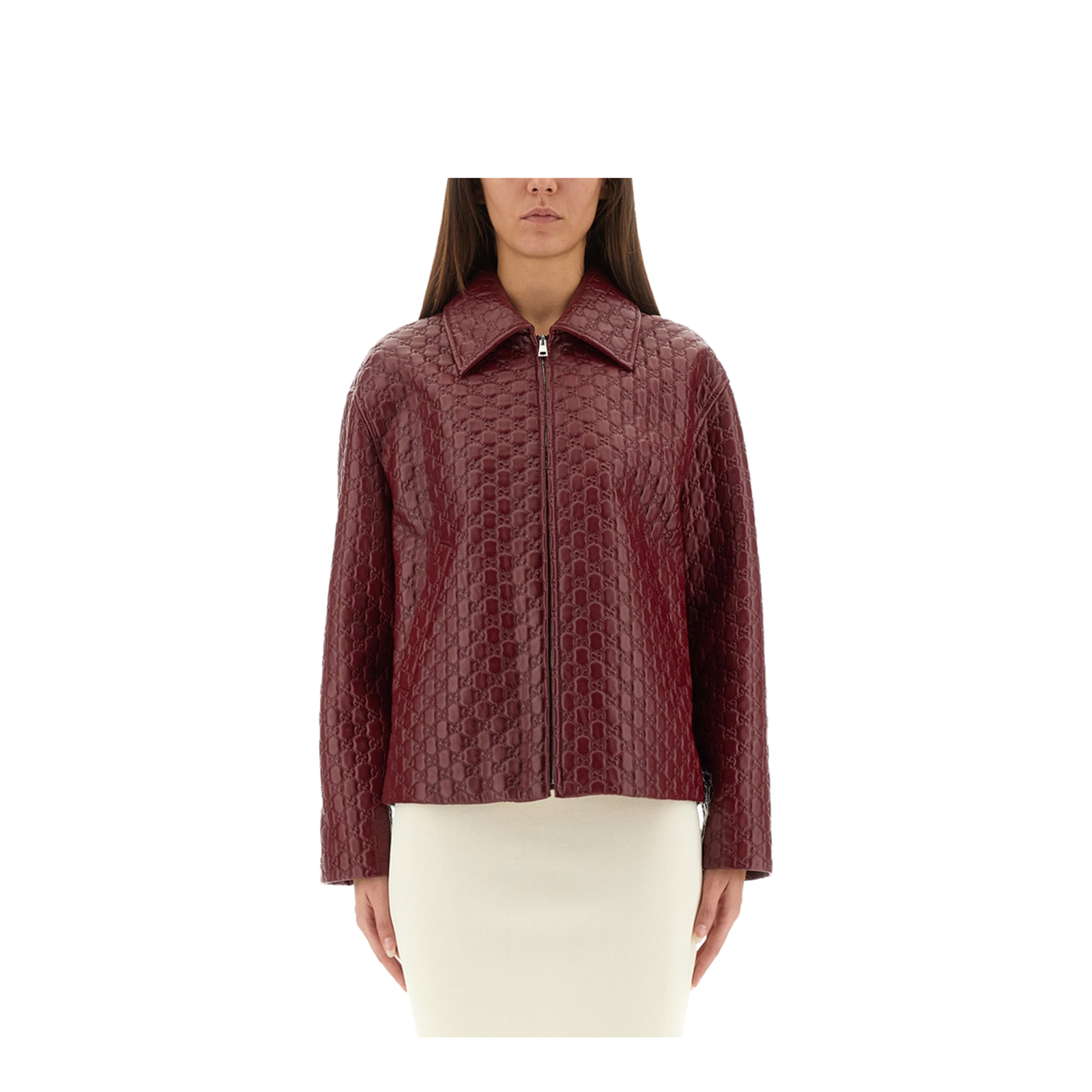 Oversized Leather Jacket with Embossed GG