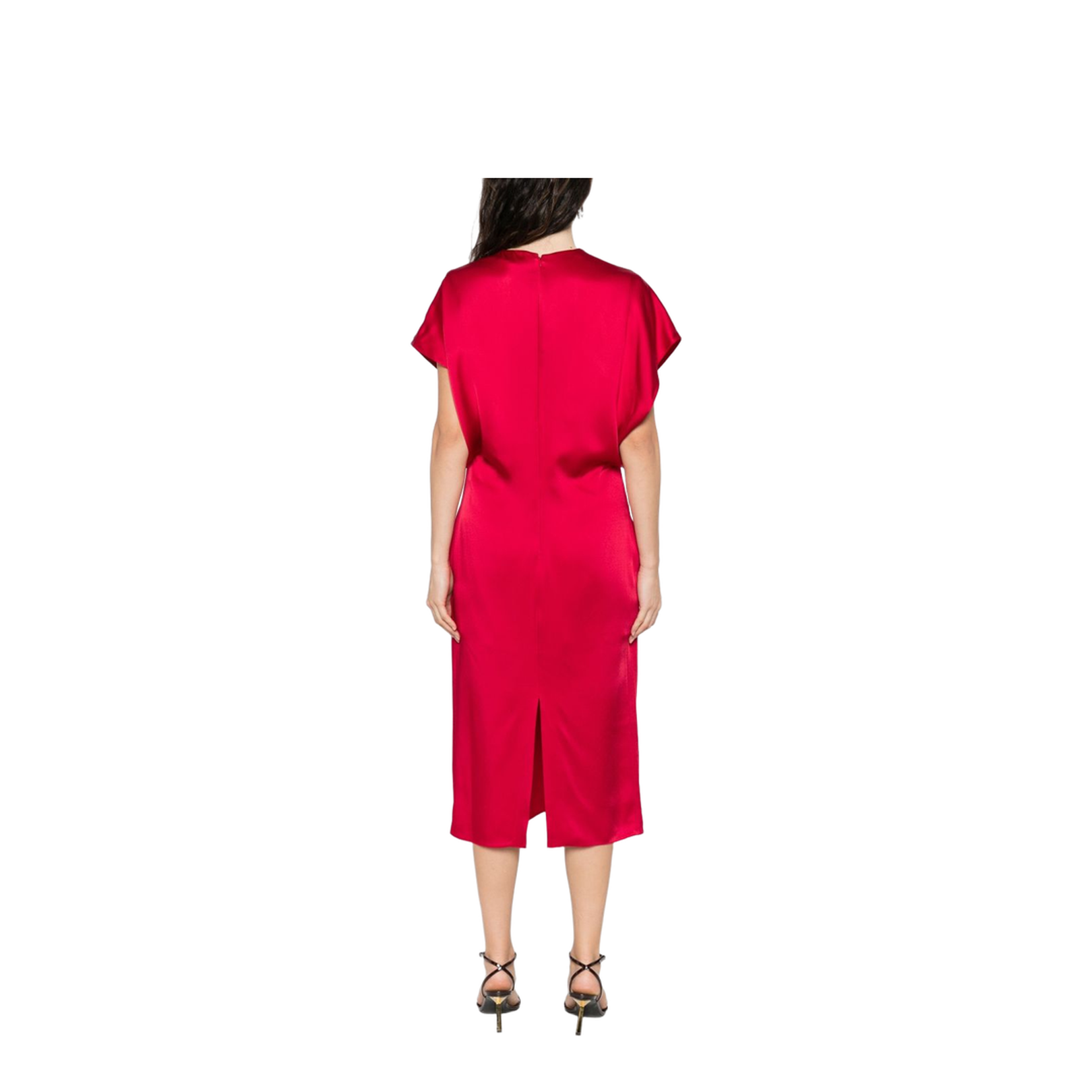 Satin V-necked Midi Dress - Red