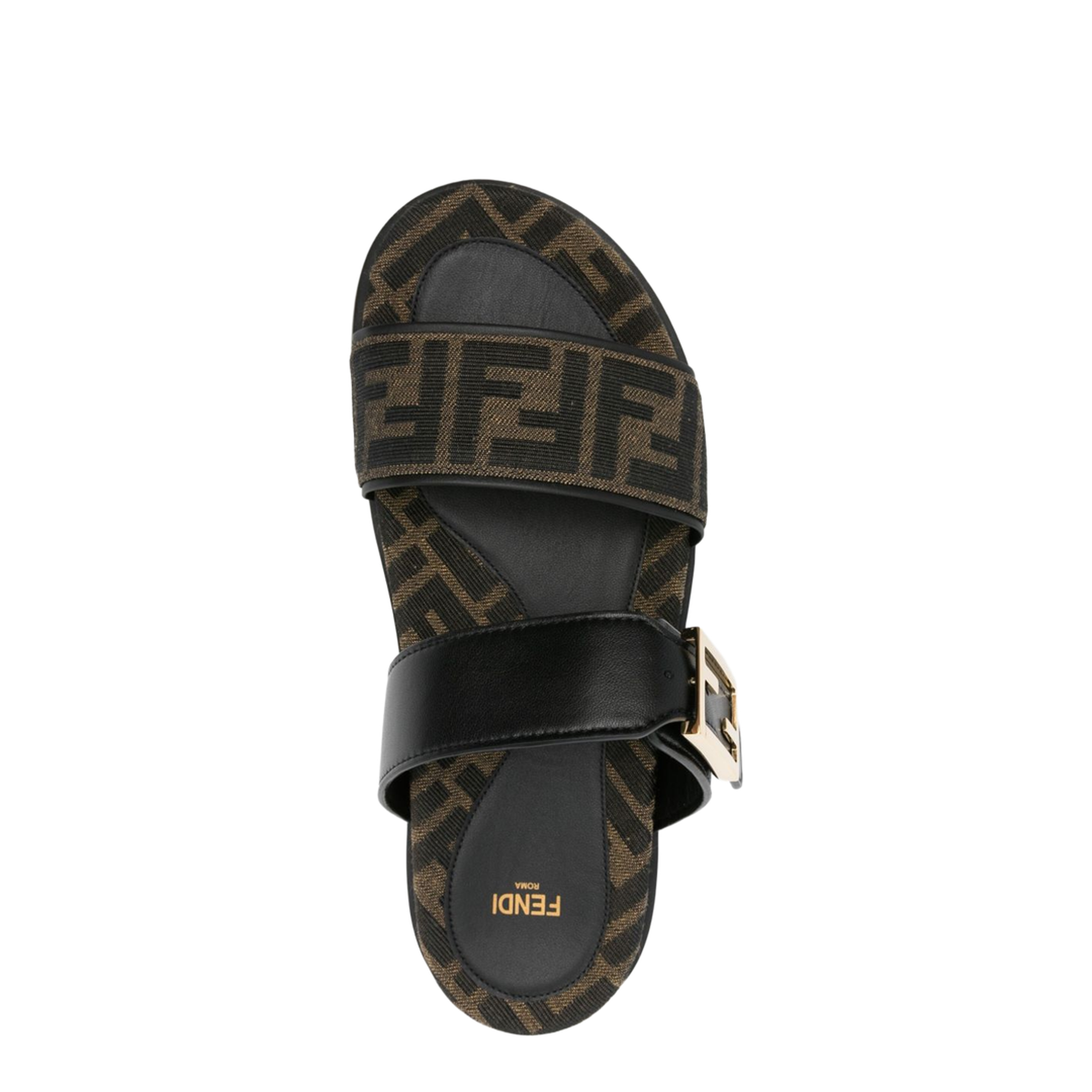 Black FF-Logo Pattern Double Strap Design Buckle Detail Flat Sole Leather Trim