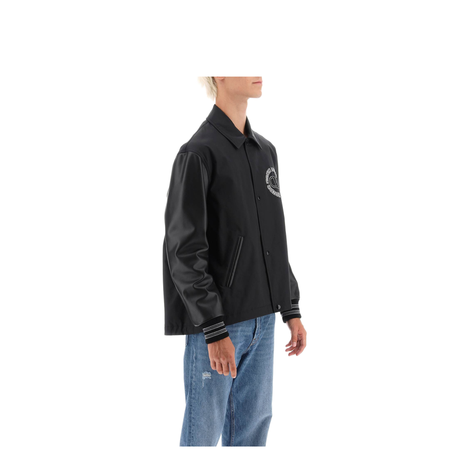 Black Leather Sleeves Nylon Bomber