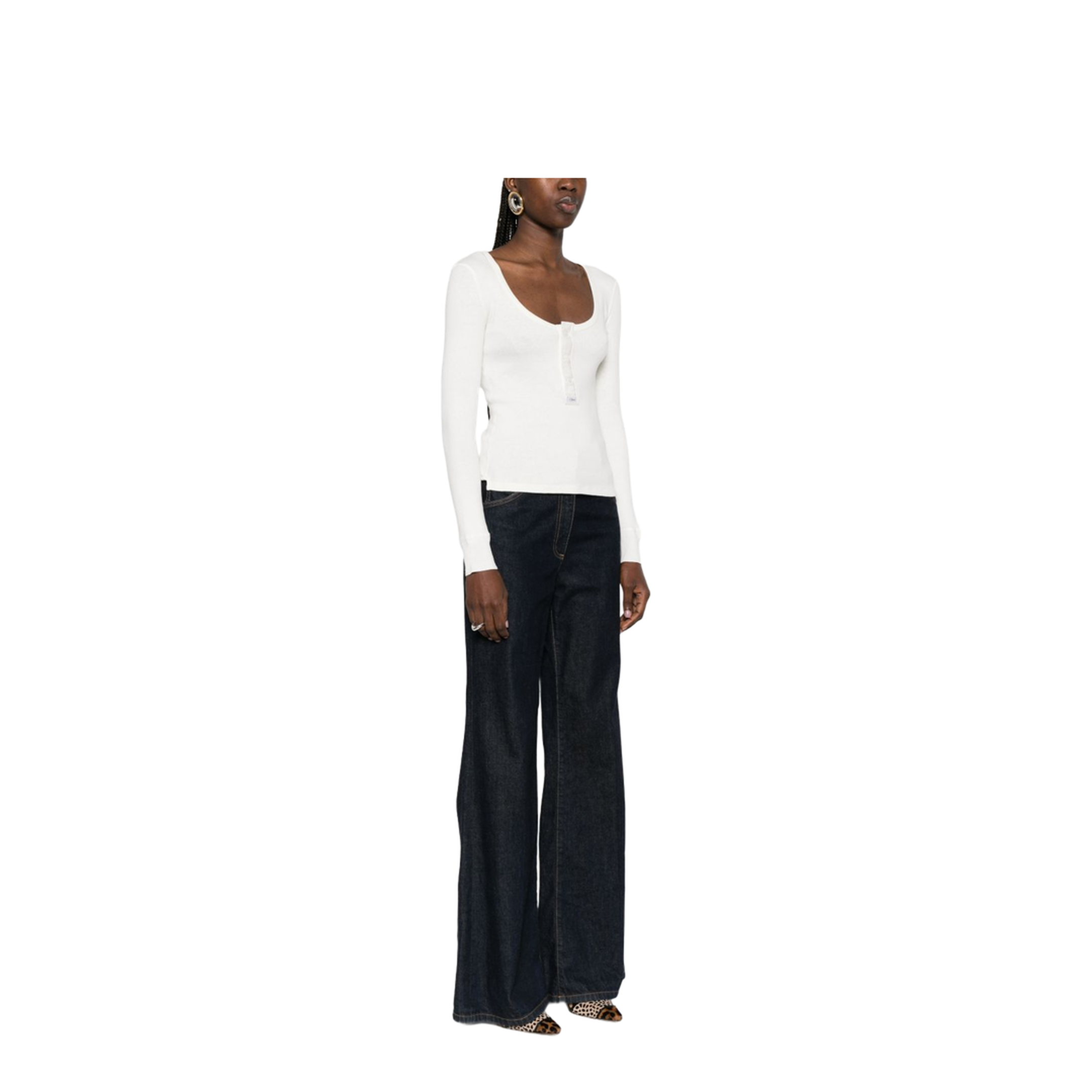 Scoop-neck Henley Shirt in Cotton Jersey White
