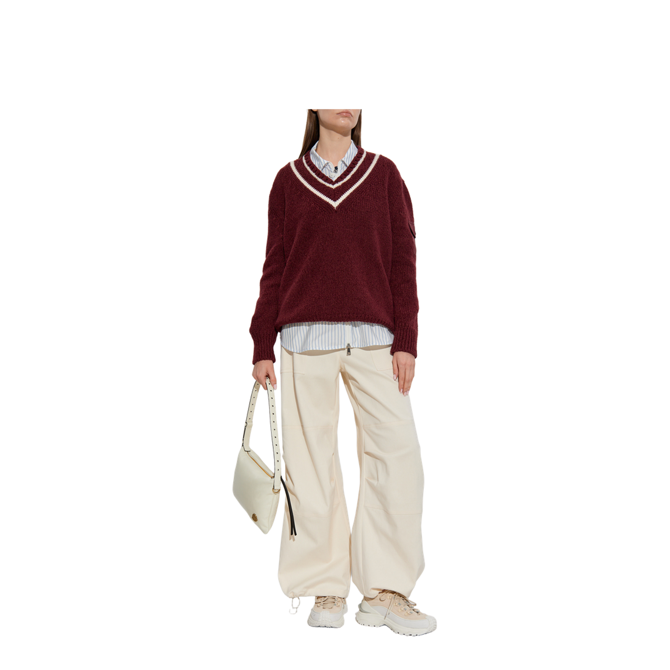Burgundy Padded V-Neck Cotton & Wool Blend Jumper