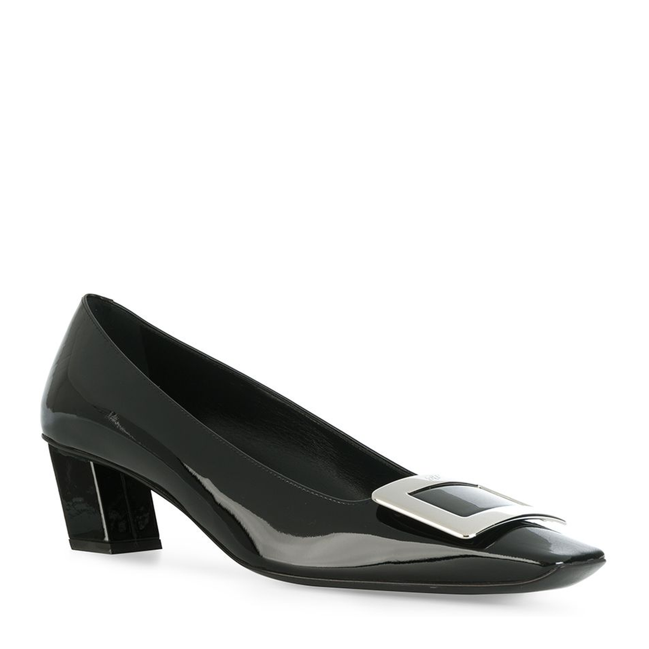 black calfskin pumps with buckle and wide heel