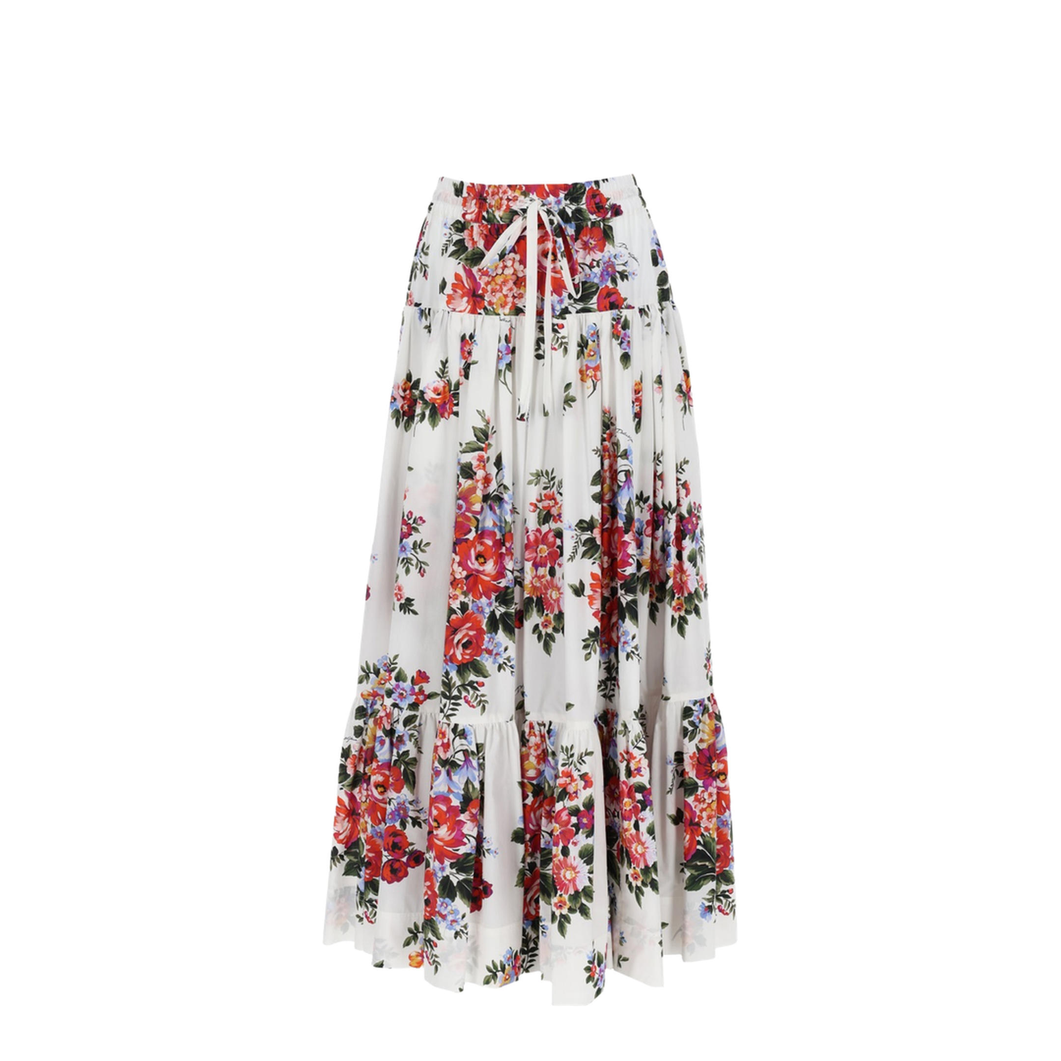 Flower Bouquet-Print Poplin Long Skirt