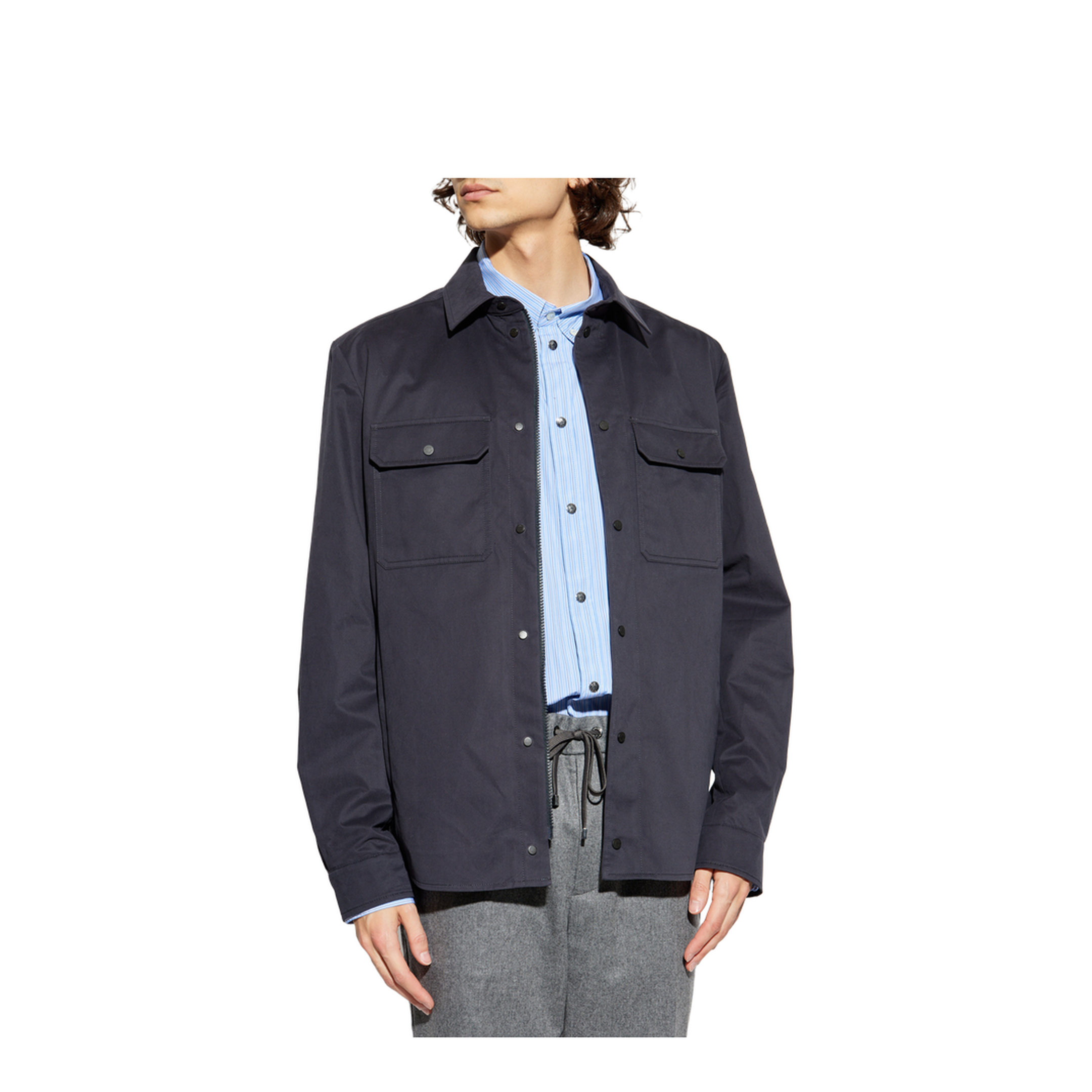 Navy Blue Cotton Gabardine Long Sleeve Shirt