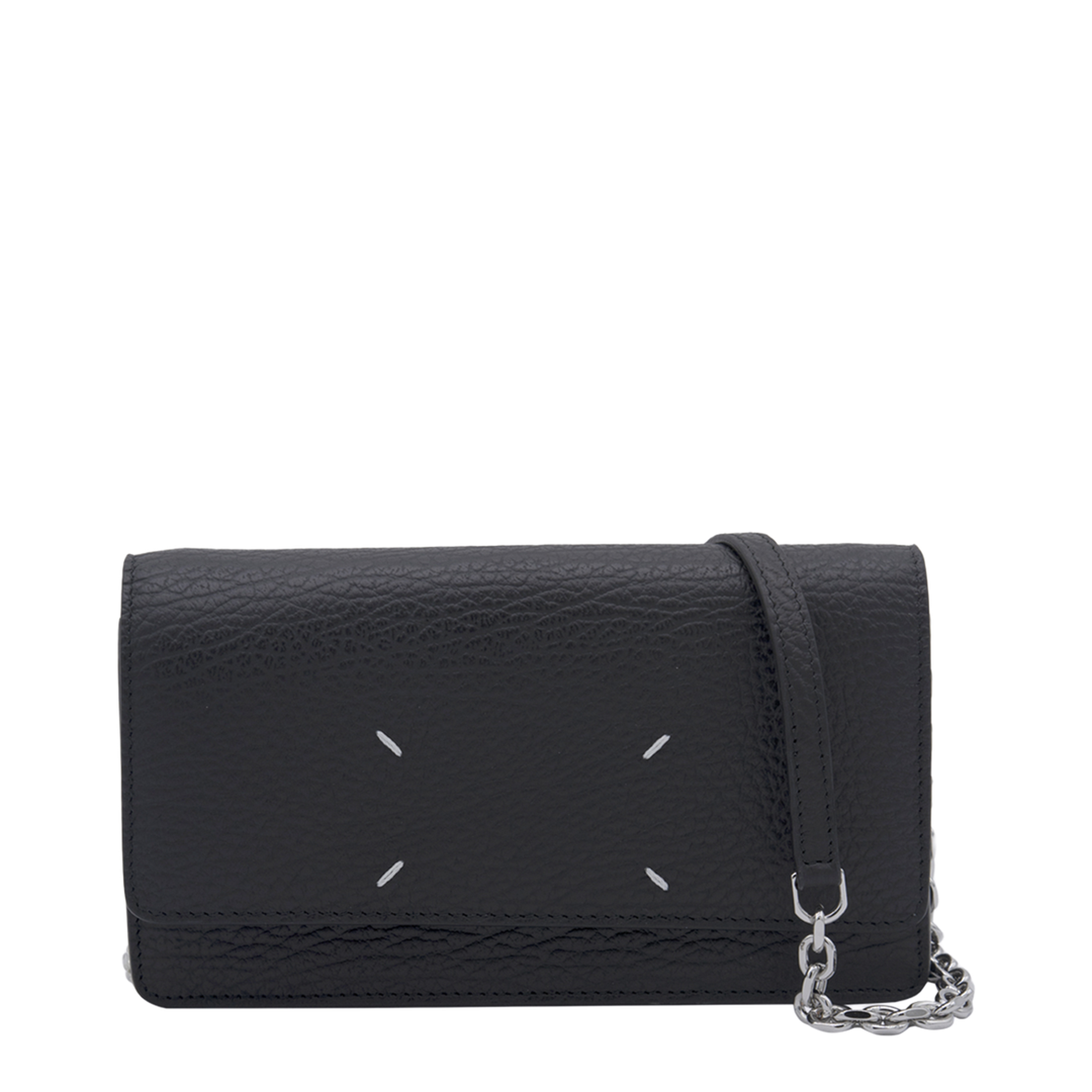 Four Stitches Medium Grainy Calf Leather Chain Wallet - Black