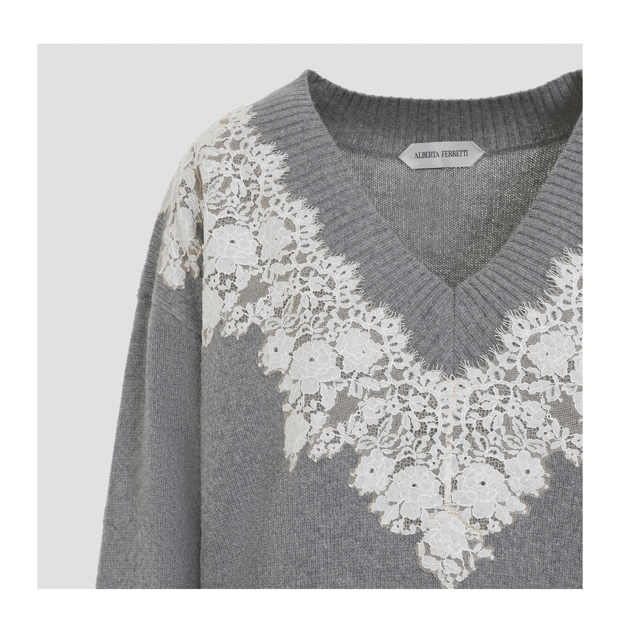 MAYFEYR - ALBERTA FERRETTI - Lace Trim V Neck Sweater - A091066010474