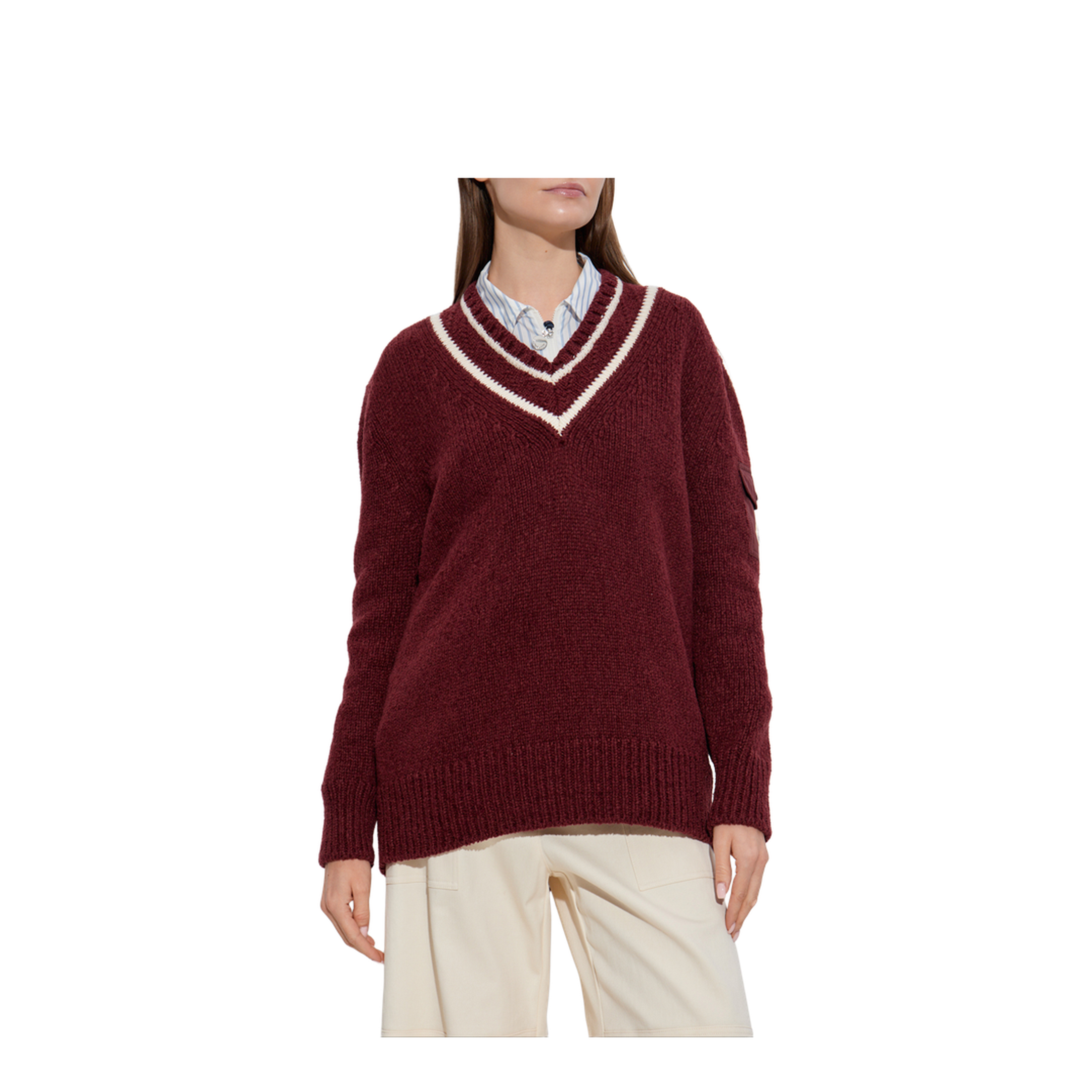 Burgundy Padded V-Neck Cotton & Wool Blend Jumper