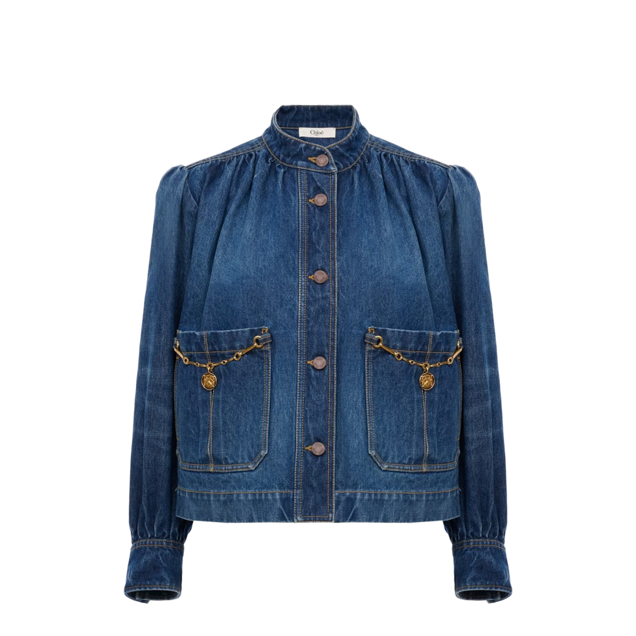 Denim High Neck Gathered Jacket