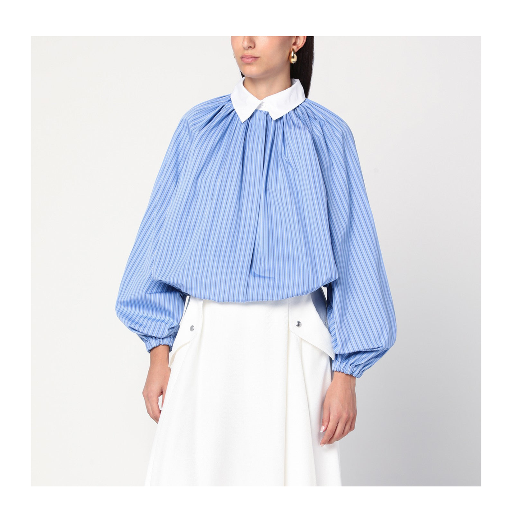 Striped Balloon-Sleeve Shirt in Light Blue