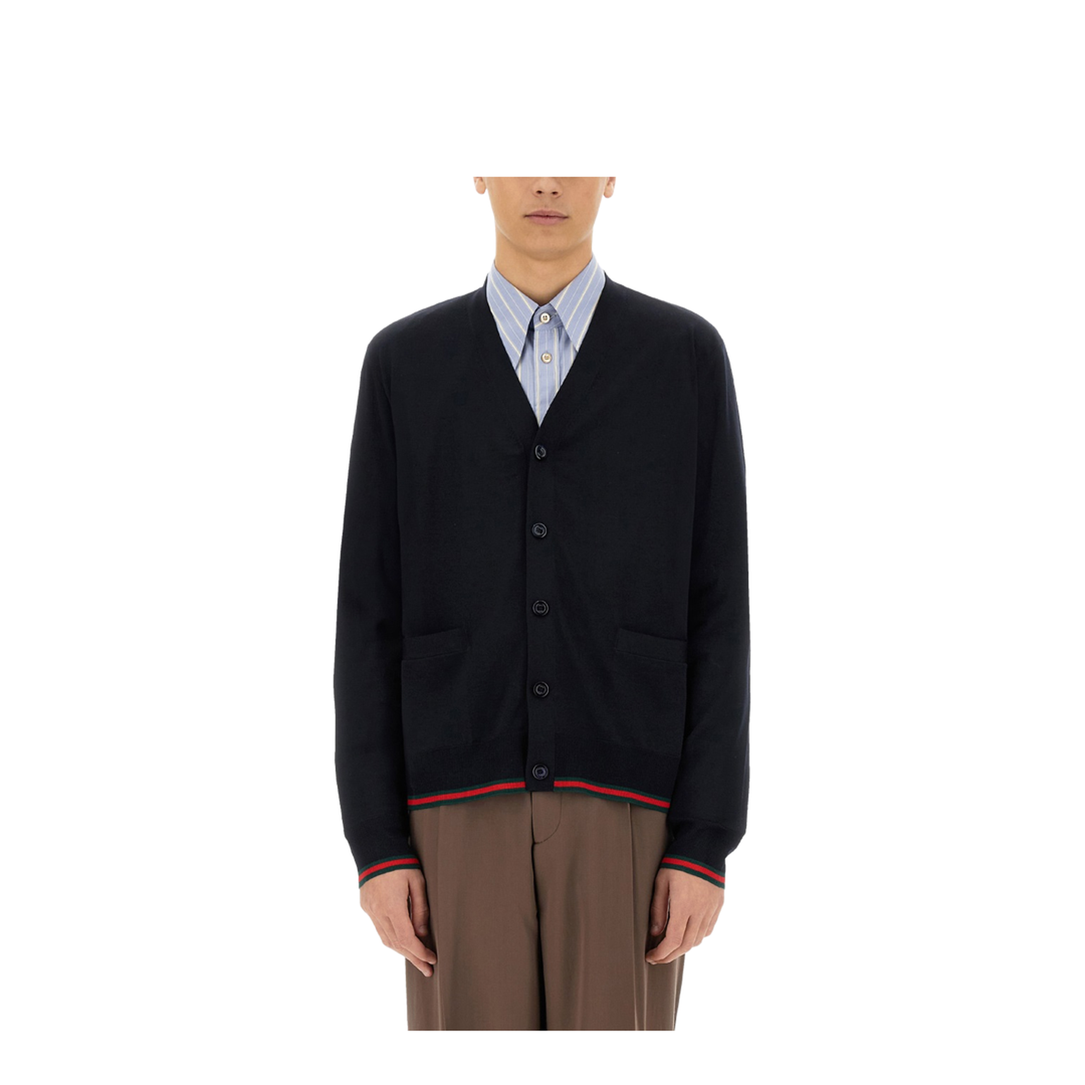 Wool Knit Cardigan with Web in Dark Blue