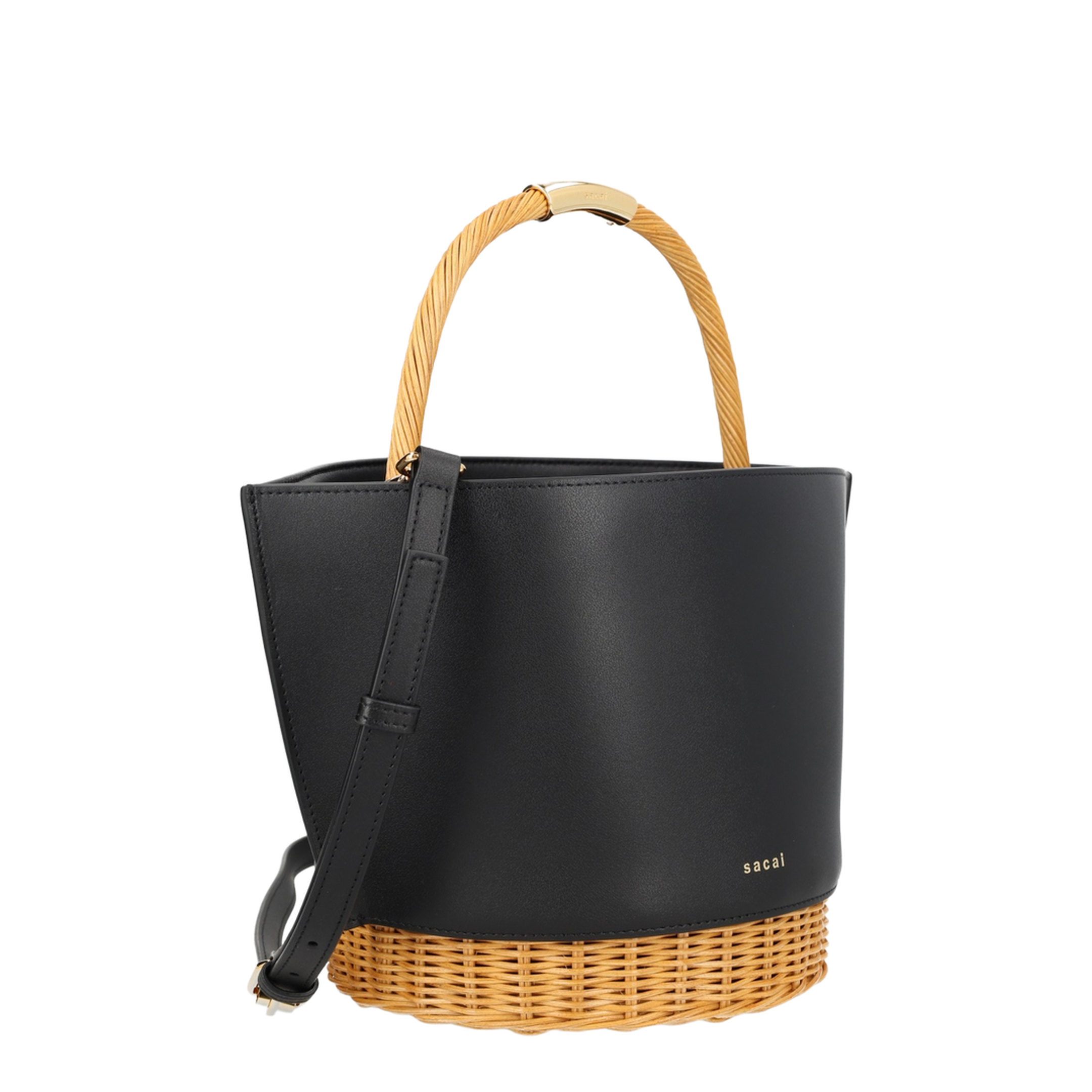 Leather Crossbody Bag With Raffia Details - Black
