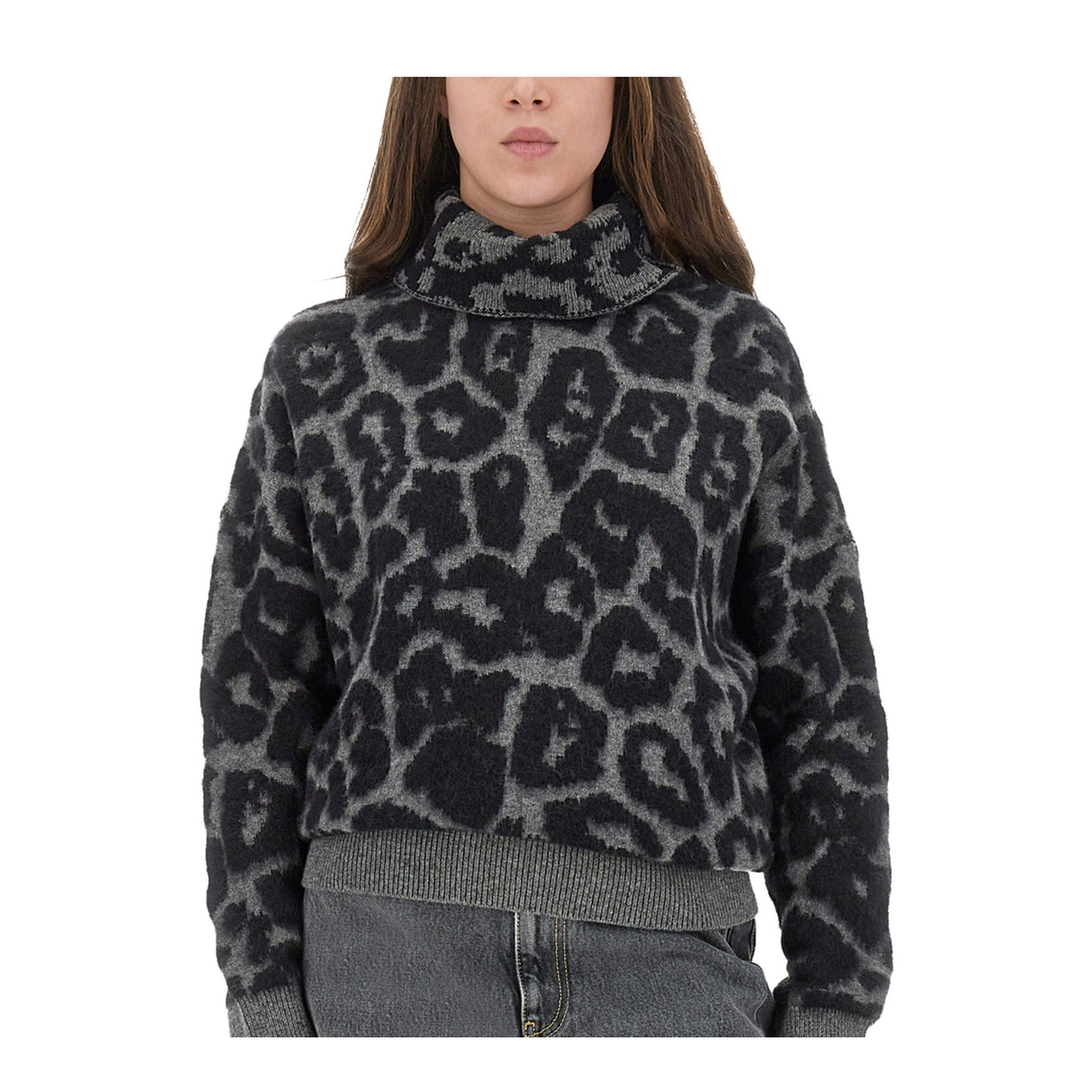 Black/Grey Leopard Jacquard Turtleneck Jumper