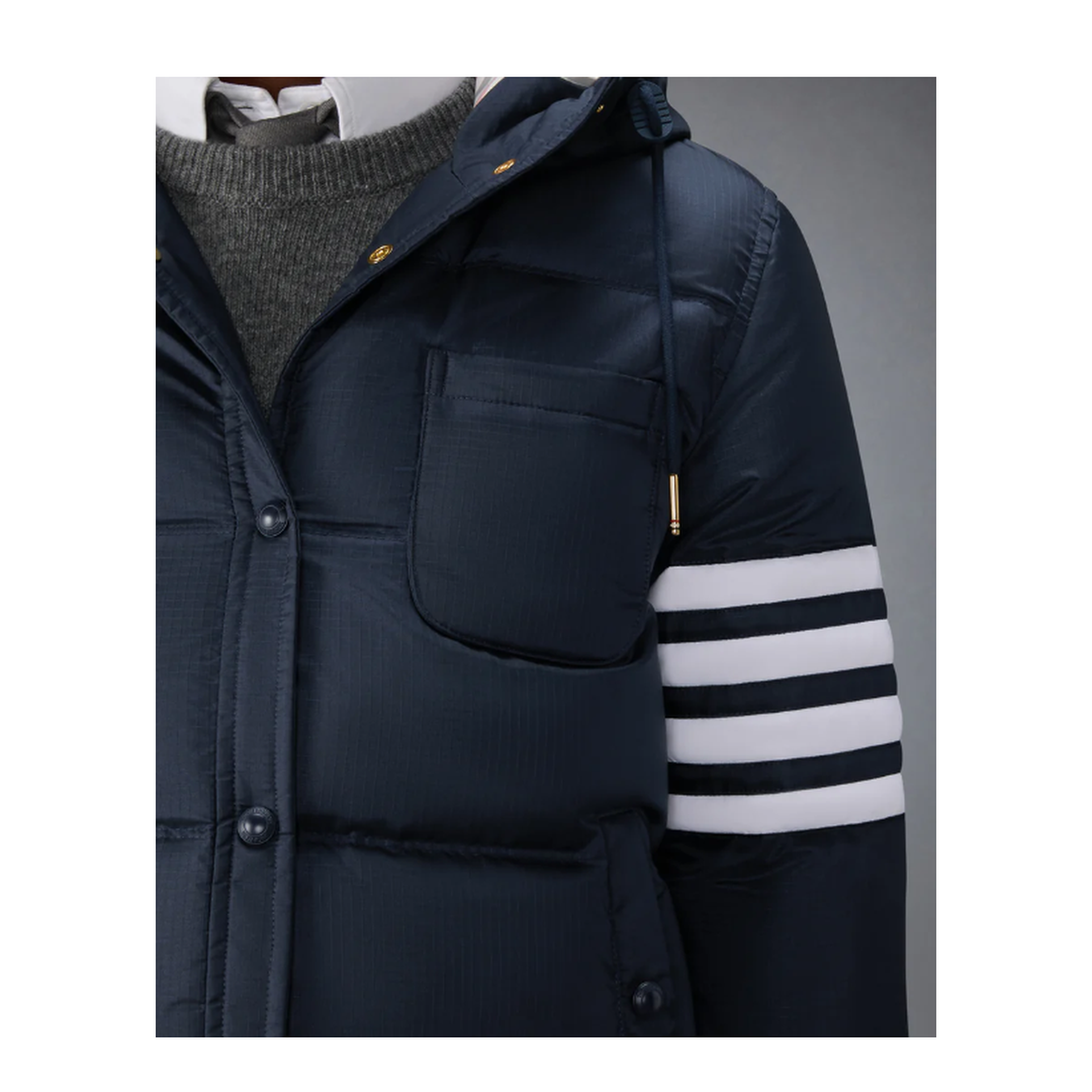 MAYFEYR - Thom Browne - Down Hooded Shirtdress With 4 Bar In Shiny Ripstop - FBD076XF1095415
