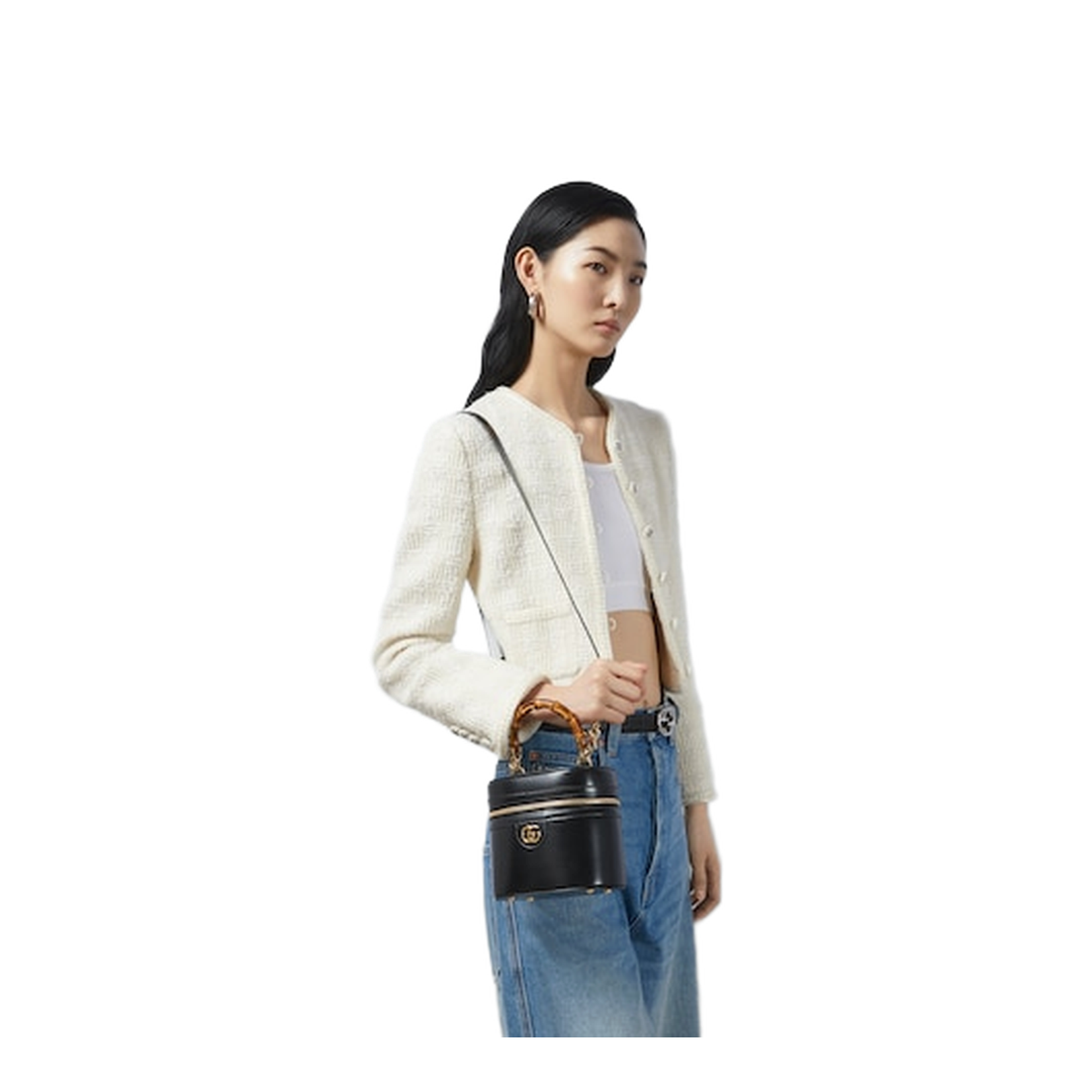 Mini Leather Vanity Bag With Bamboo Handle - Black