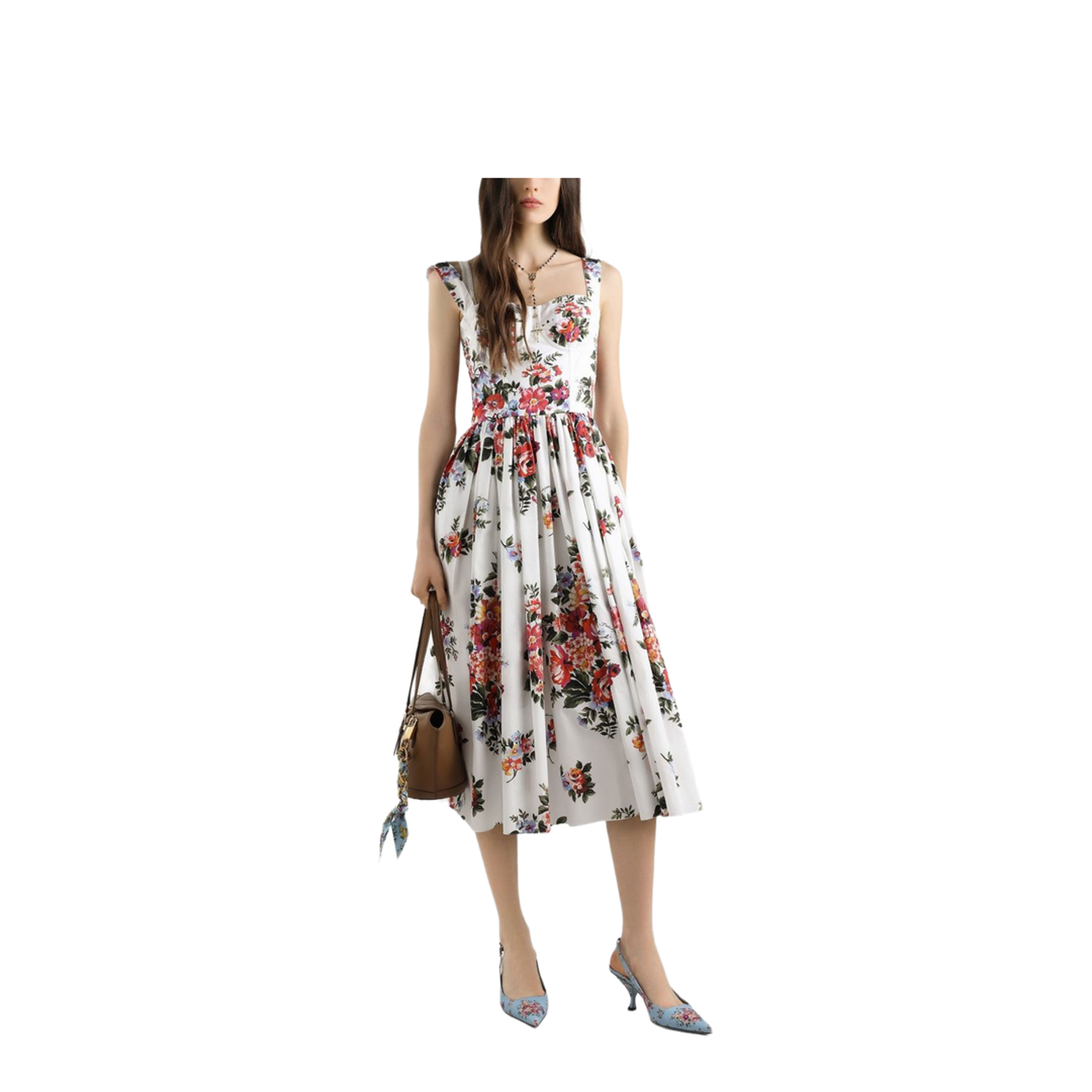 Flower Bouquet-Print Cotton Midi Dress