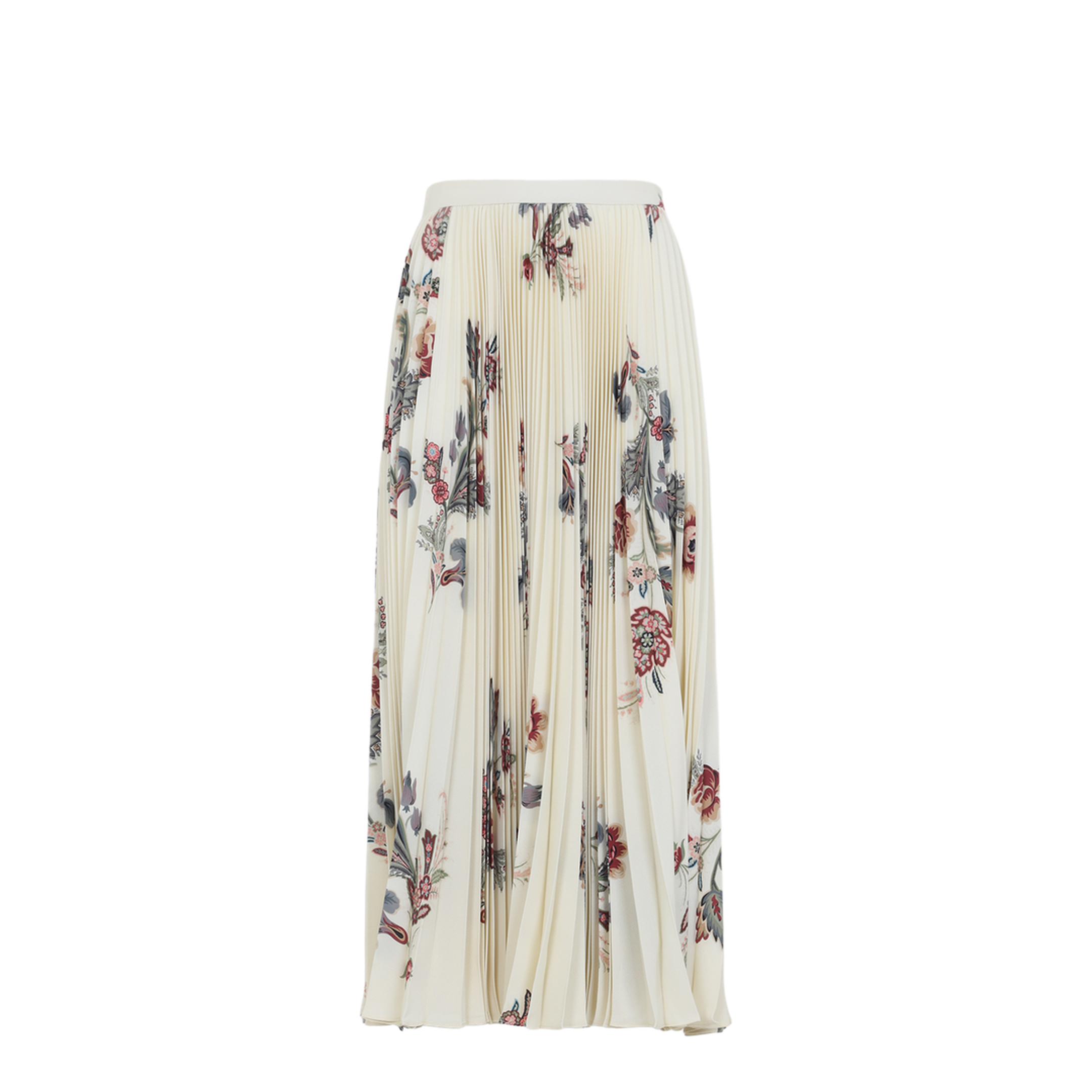 Beige Floral Print Sablé Pleated Midi Skirt